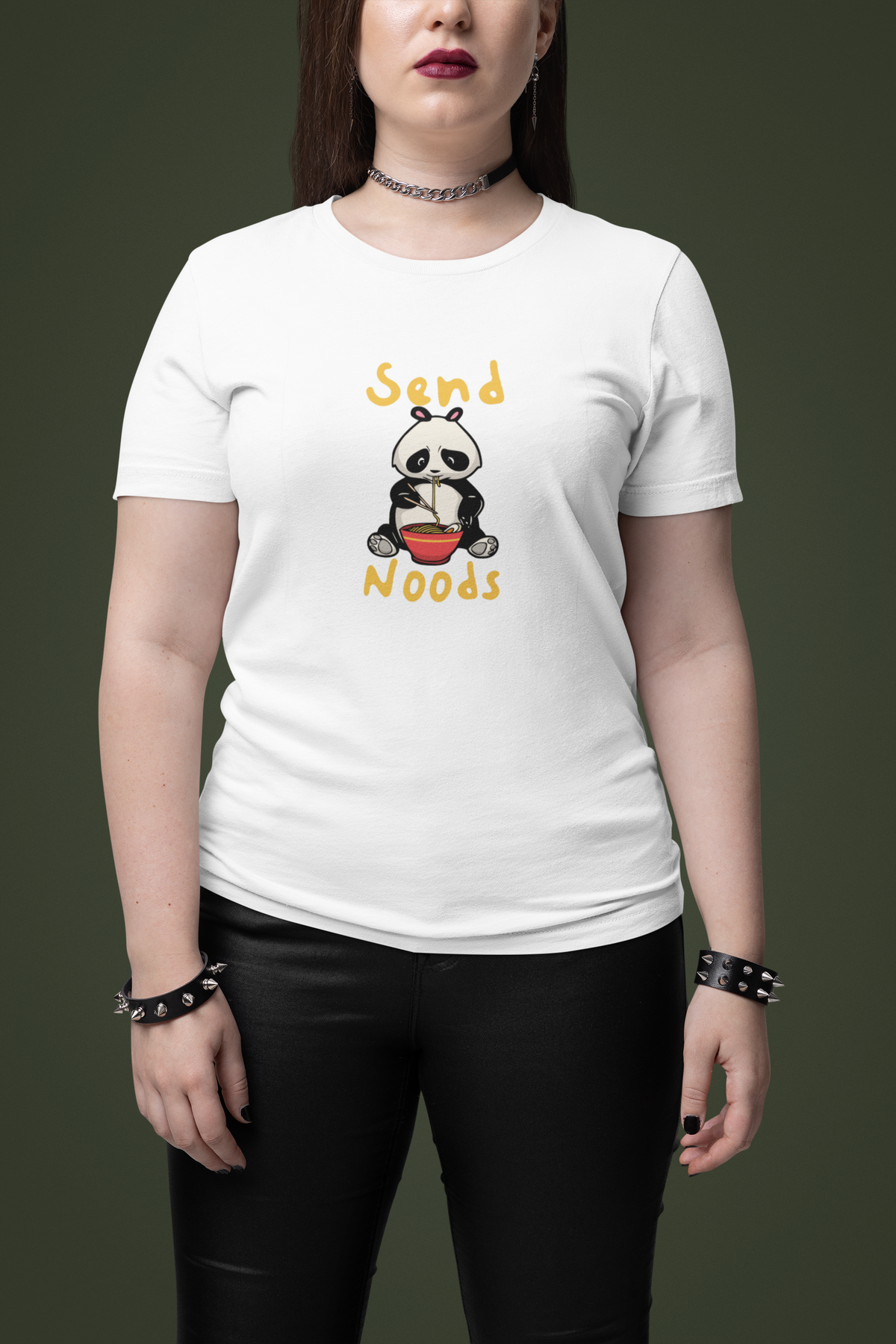 'Send Noods' panda t-shirt in white, woman wearing it studio shot, funny ramen gift for foodies
