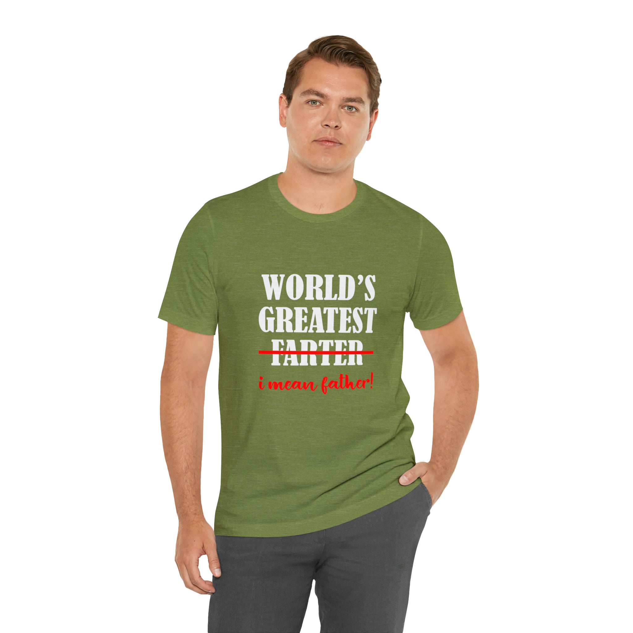 A humorous father wearing a Worlds Greatest Farter I mean Father T-Shirt.