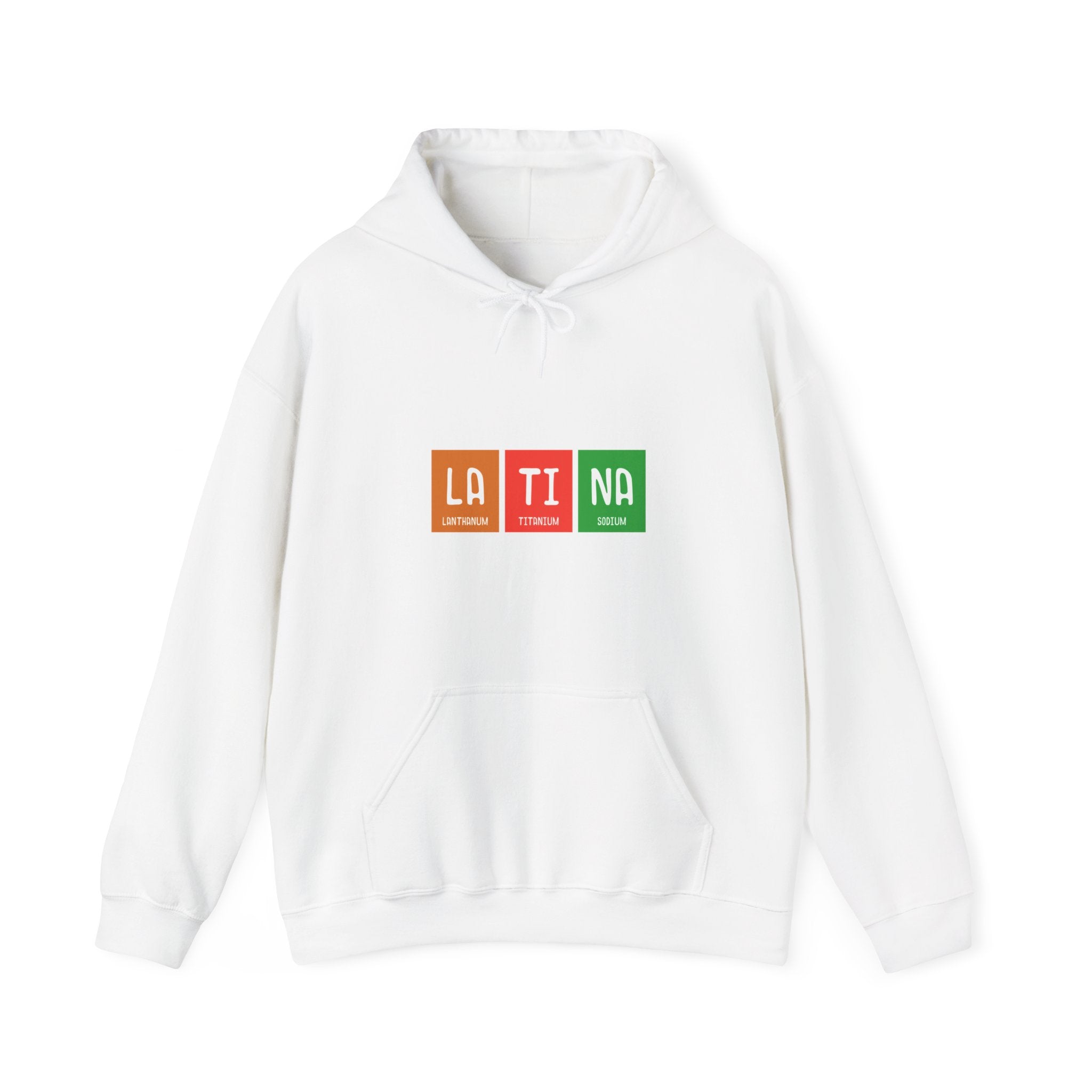 A LA-TI-NA - Hooded Sweatshirt featuring a vibrant design with three colored squares. Each square displays two letters: "LA" in red, "TI" in orange, and "NA" in green, forming the word "LATINA".