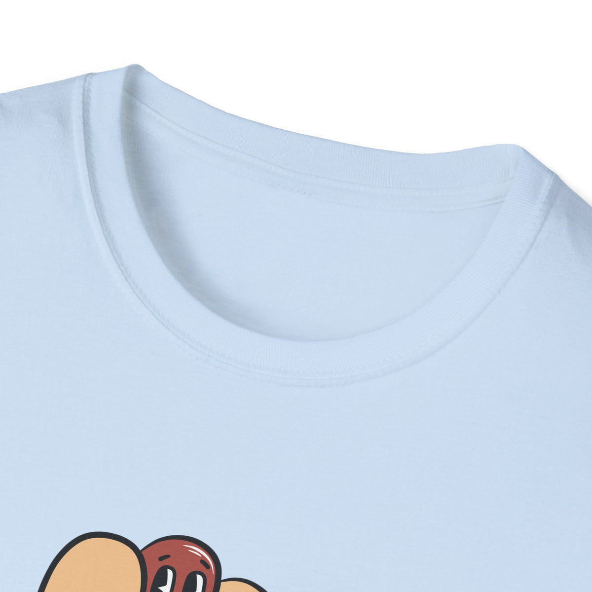 Close-up of Hotdog Cartoon print on light blue t-shirt collar, funny cartoon food graphic detail