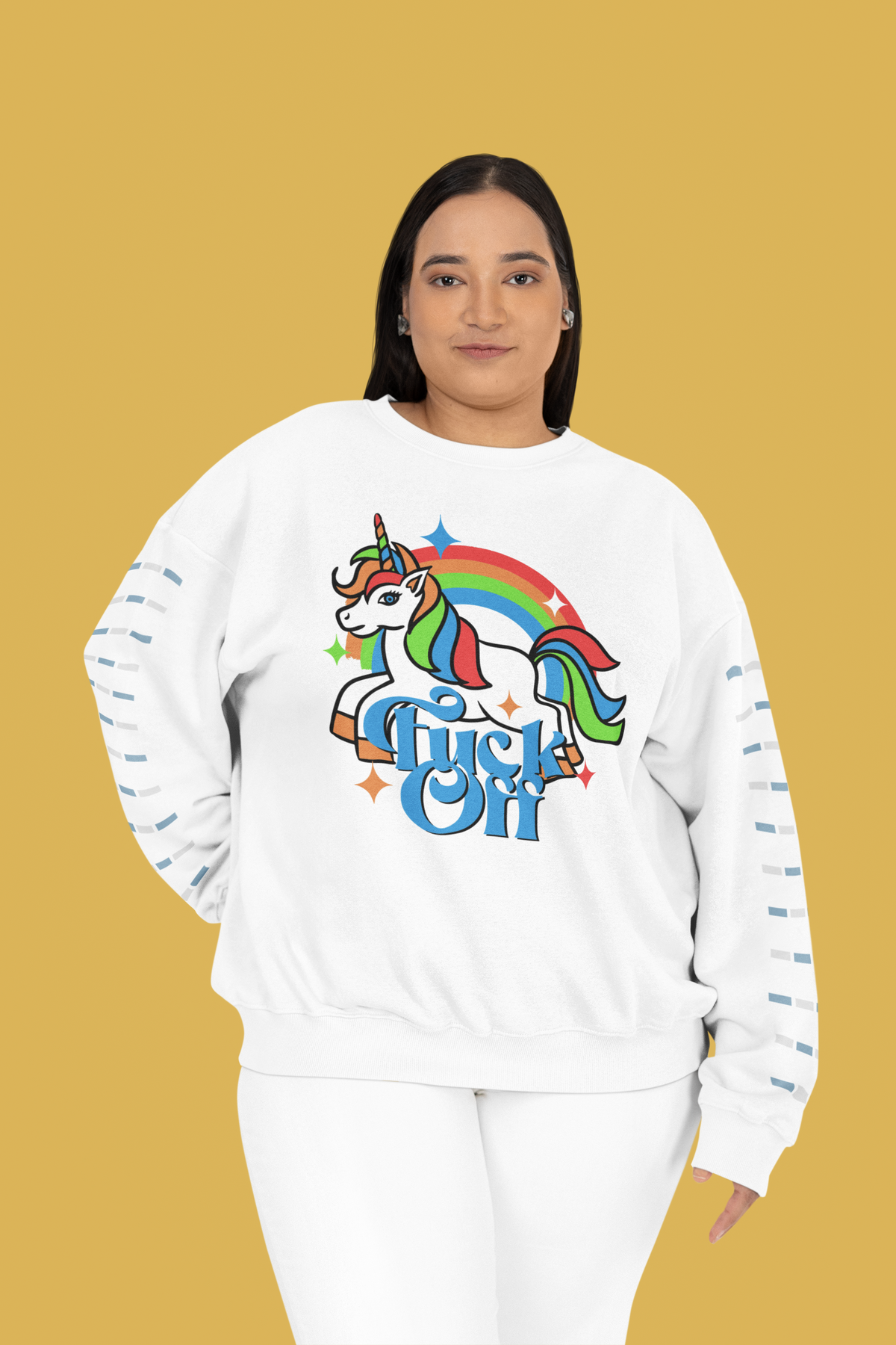 F Off Sweatshirt in white, woman wearing it on mustard background, funny unicorn sweatshirt