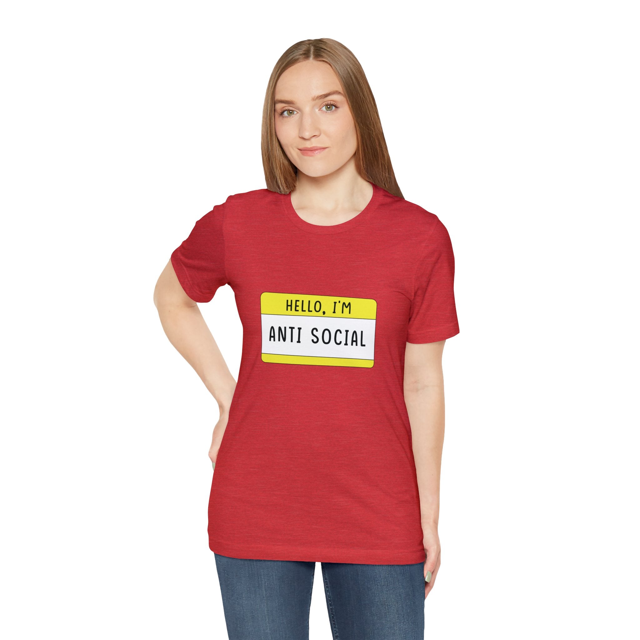 Woman in red Hello, I'm Anti Social T-Shirt with "hello, I'm anti-social" printed on a yellow name tag.