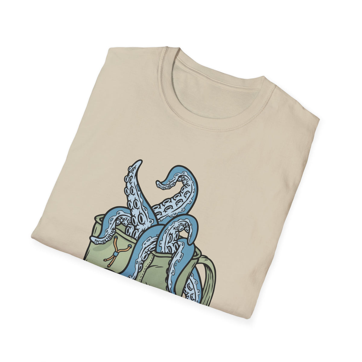 'Octopus Comes Out of the Bag' t-shirt in sand, folded flat lay, funny gift for hikers and backpackers