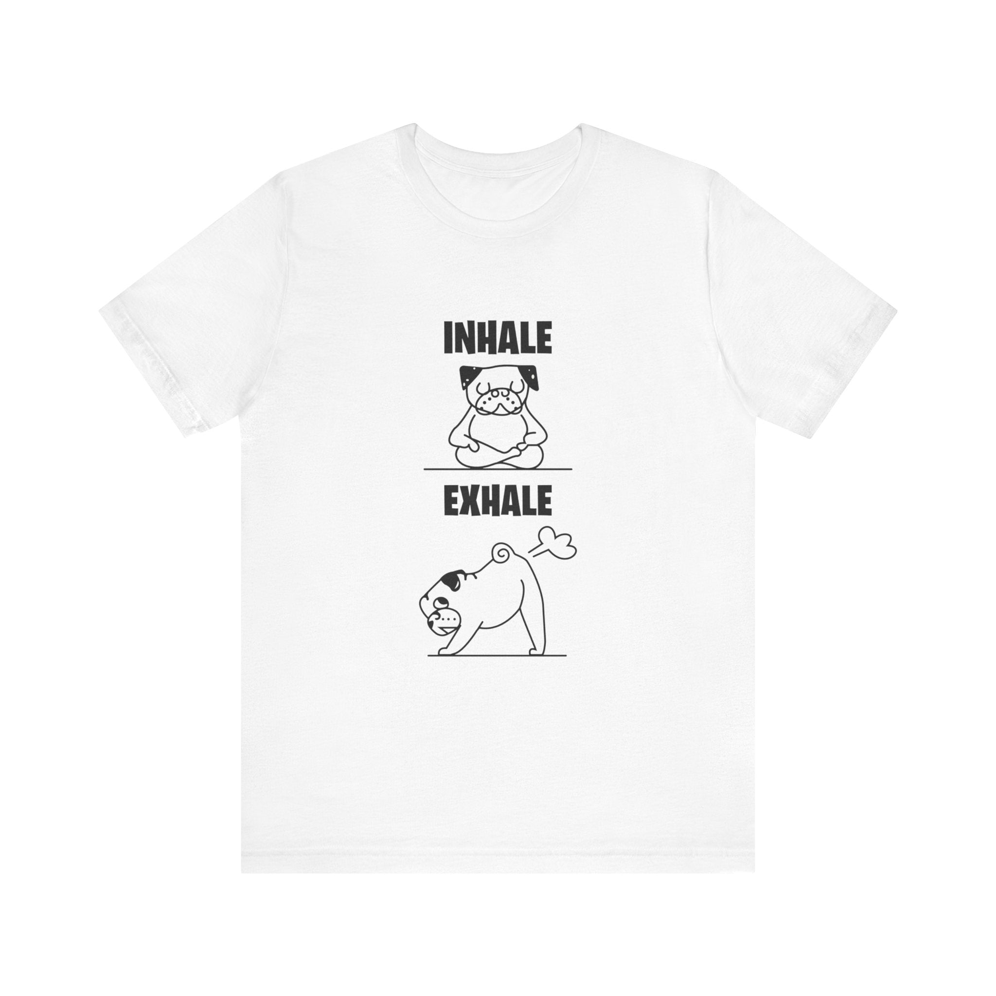 Unisex white t-shirt with a quality print of a cartoon cat and Dog Funny T shirt in yoga poses above the words "inhale" and "exhale" respectively.