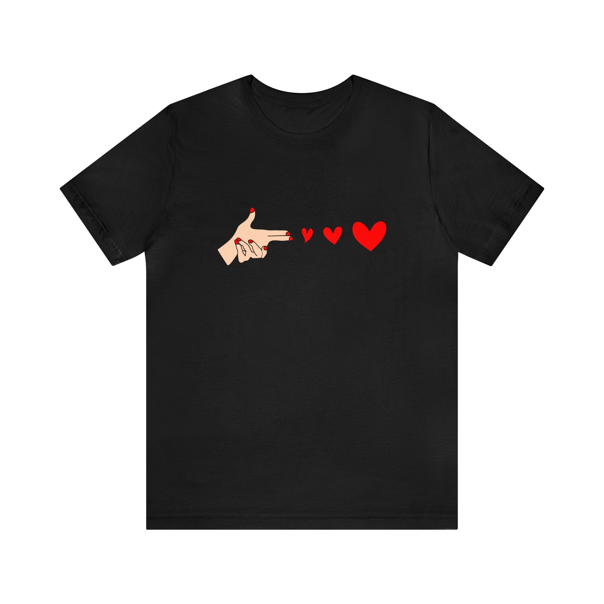 Make a statement with this Bang Bang T-Shirt, featuring a black t-shirt adorned with a heart and finger design that showcases your geeky side.