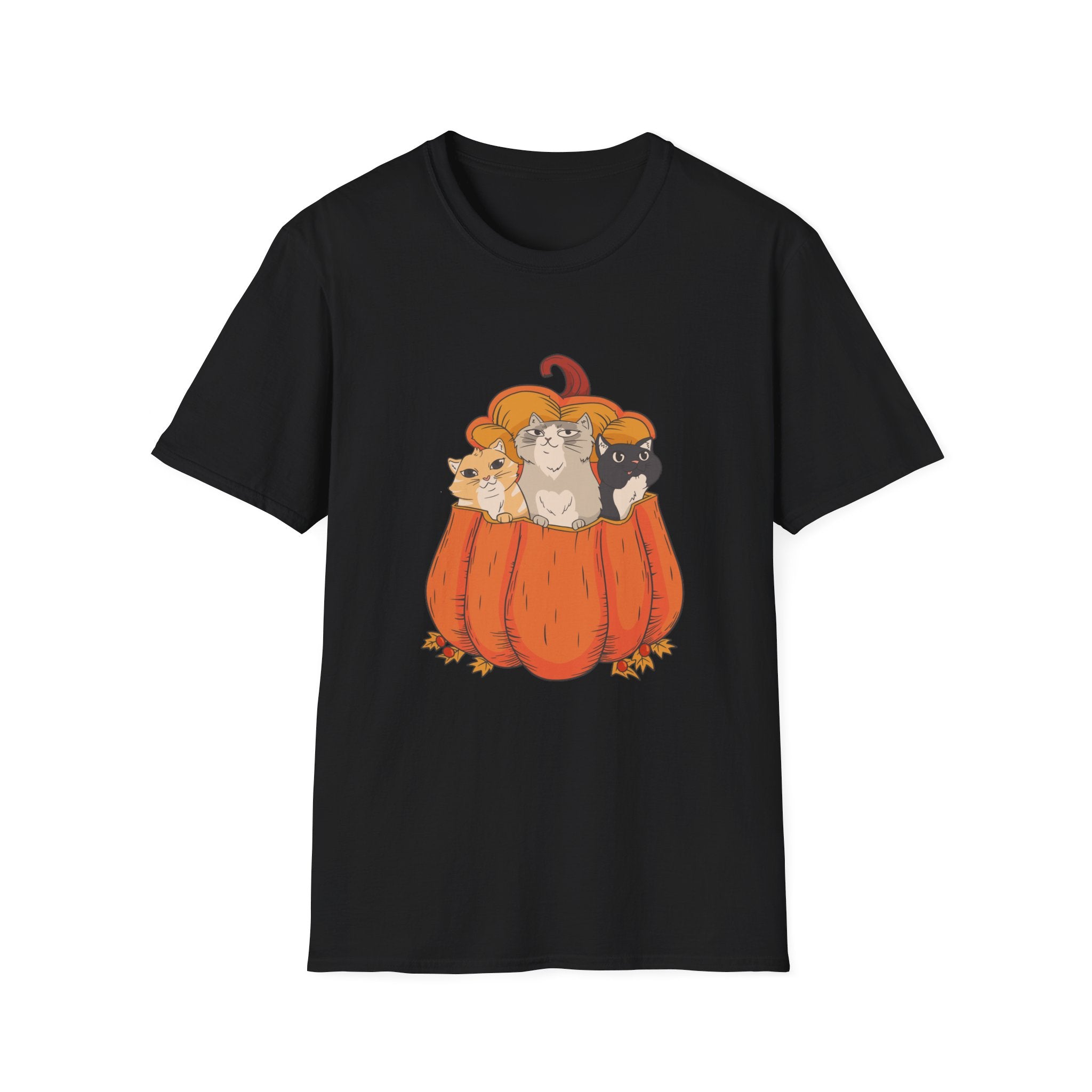 Discover the allure of our Halloween Cats T-Shirt, showcasing a lively design with three playful cats nestled within a giant pumpkin. Ideal for celebrating Halloween in style!