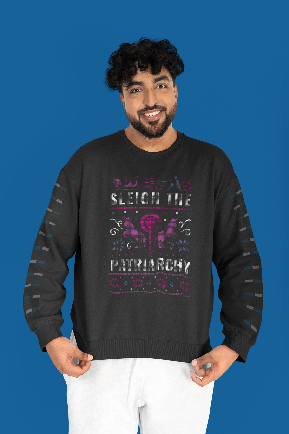 'Sleigh the Patriarchy' ugly sweater sweatshirt in black, man wearing it, feminist Christmas gift