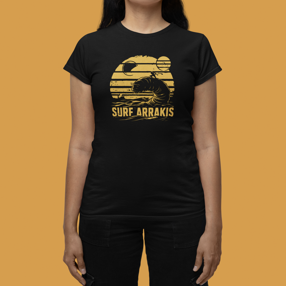 Surf Arrakis sandworm t-shirt in black, close up of woman wearing it, funny gift idea for her