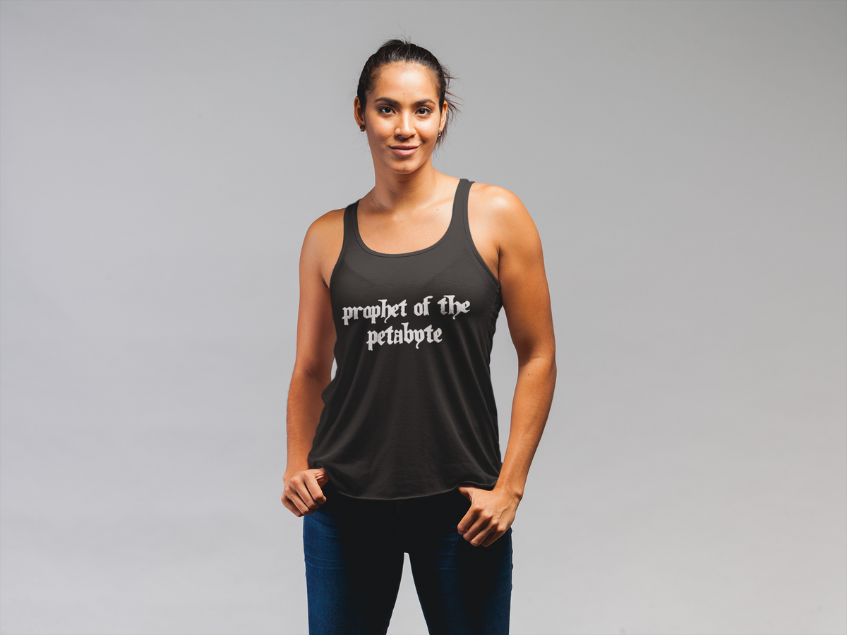 'Prophet of the Petabyte' tank top in black, woman wearing it with jeans, funny gift for data scientists
