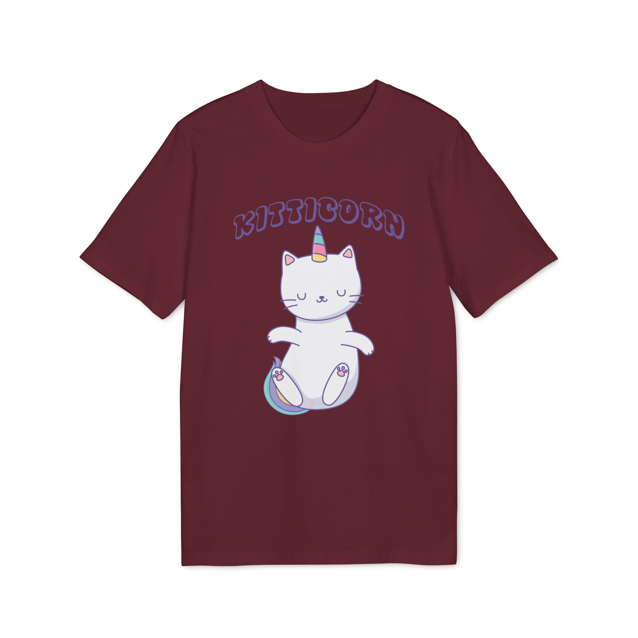 The Organic T-Shirt - Kitticorn Design in maroon features a white cat with a unicorn horn and rainbow paws, labeled "KITTICORN"—a fun, quirky gift for anyone who loves unique style.