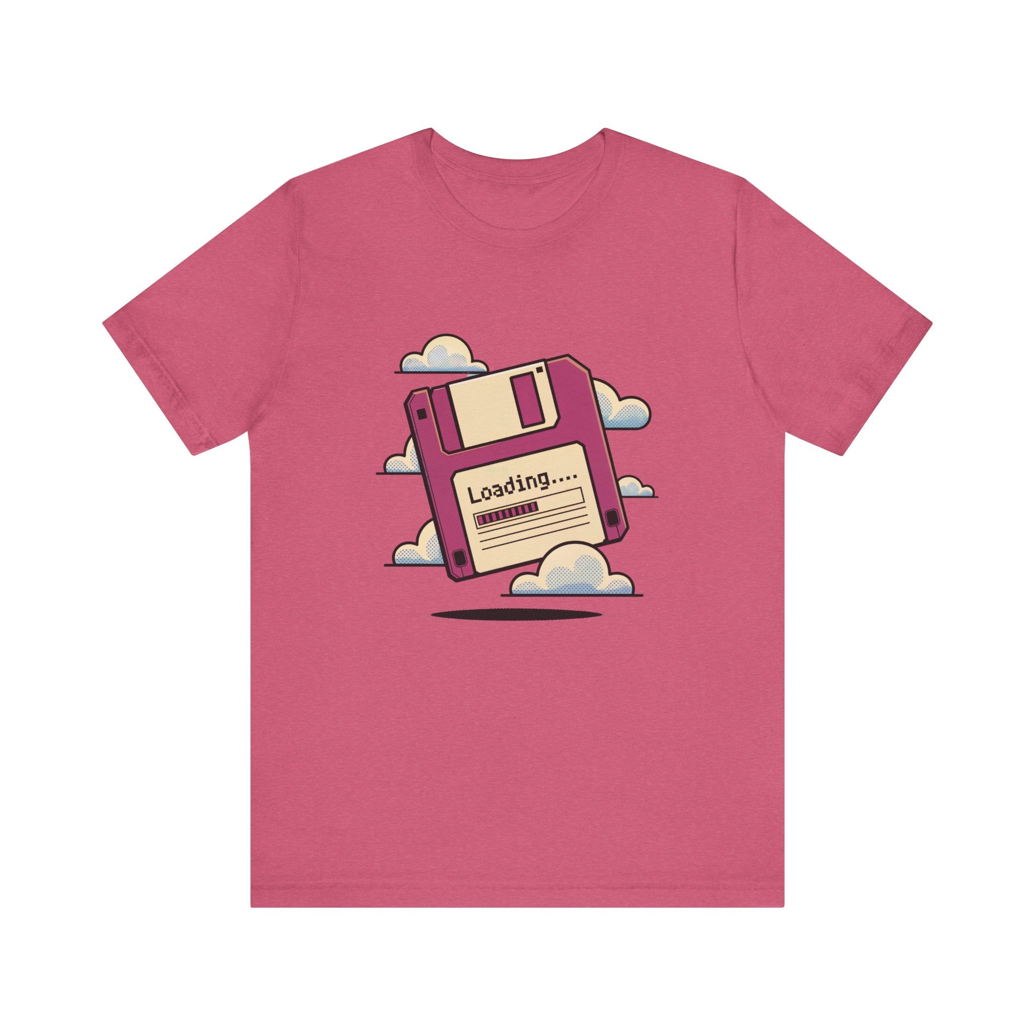 The Floppy disk -T Shirt is a pink cosmos cotton tee featuring an illustrated floppy disk labeled "Loading..." and surrounded by clouds.