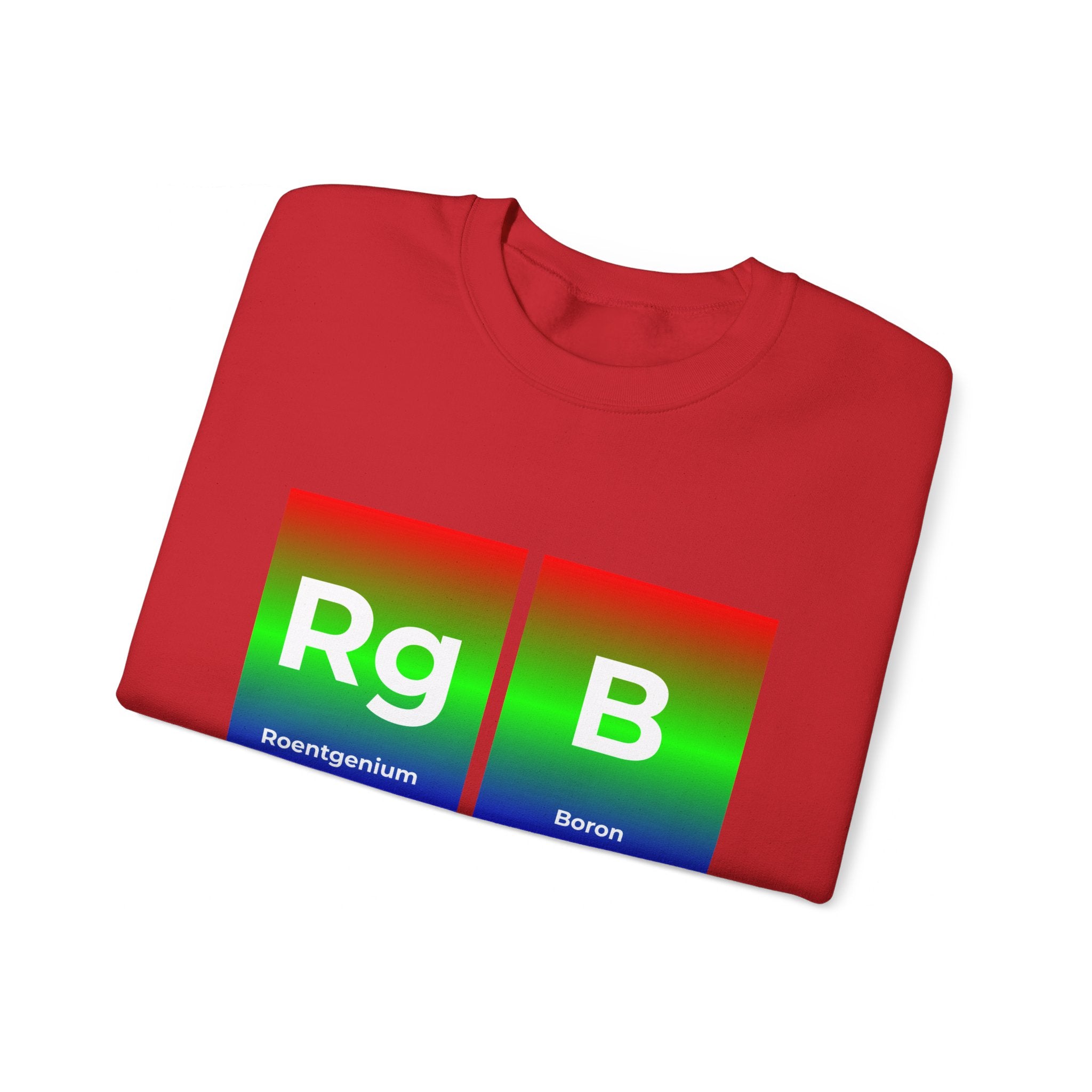 A folded red t-shirt features a periodic table-inspired design with "Rg" for Roentgenium and "B" for Boron, each with colorful gradients. This stylish RG-B - Sweatshirt is both cozy and eye-catching.