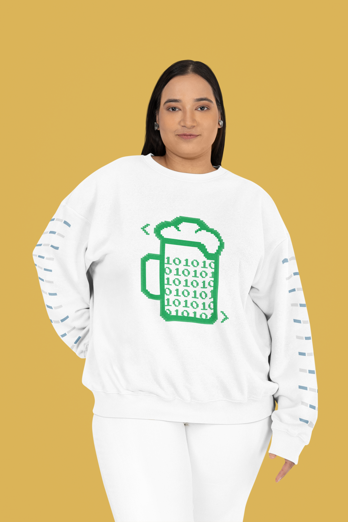 Beer Code binary mug sweatshirt in white, curvy woman wearing it on yellow backdrop, funny geek gift