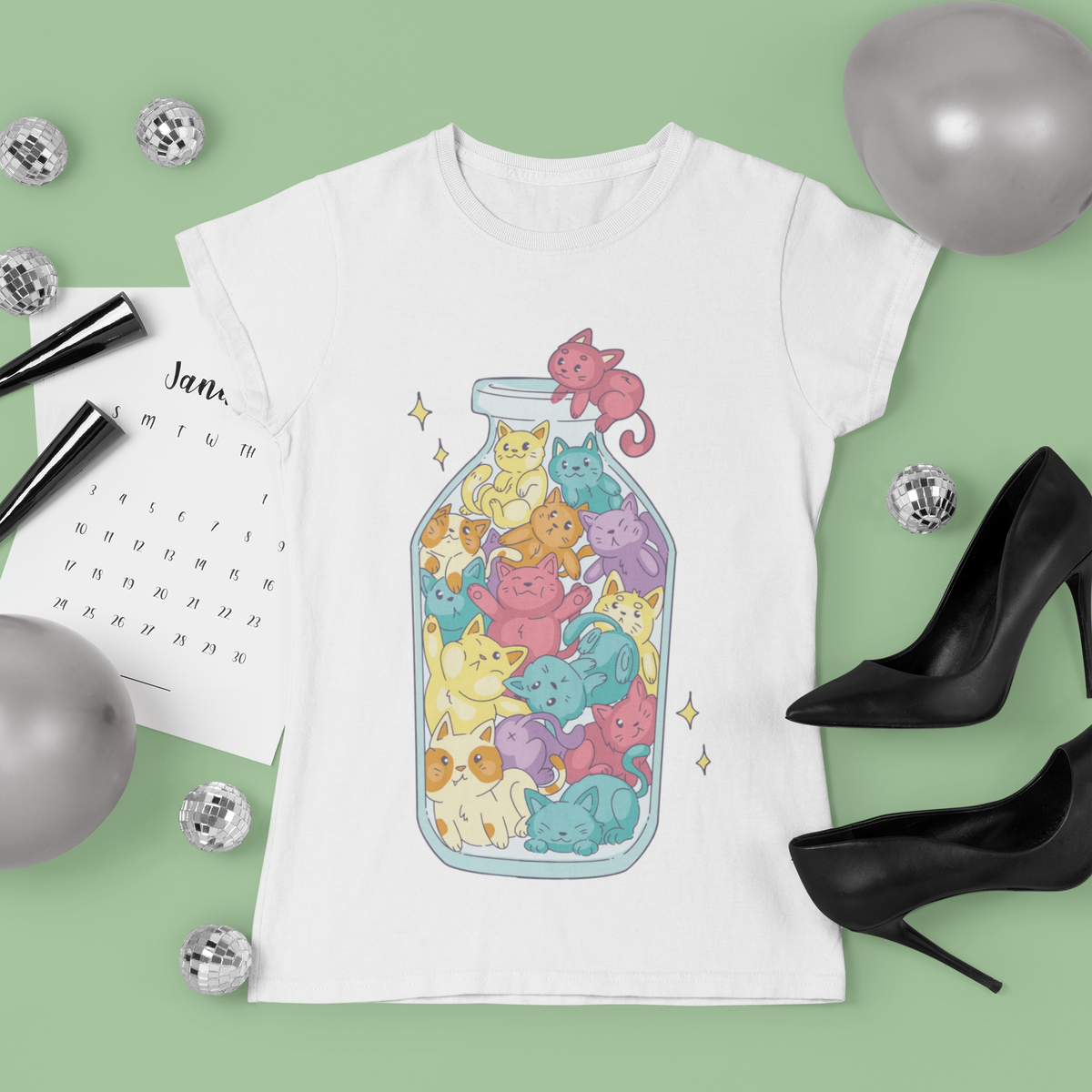 'Cats in a Bottle' t-shirt in white, man wearing it outdoors, funny gift for cat lovers