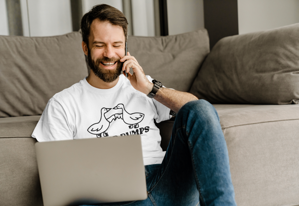 "Goose Bumps" t-shirt in white, man on the phone with a laptop, funny pun gift t-shirt for him