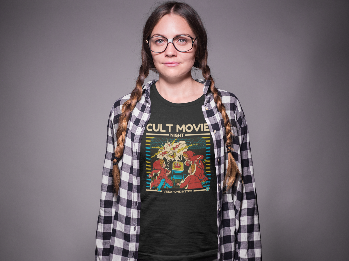 'Cult Movie Night' t-shirt in black, woman in glasses wearing it