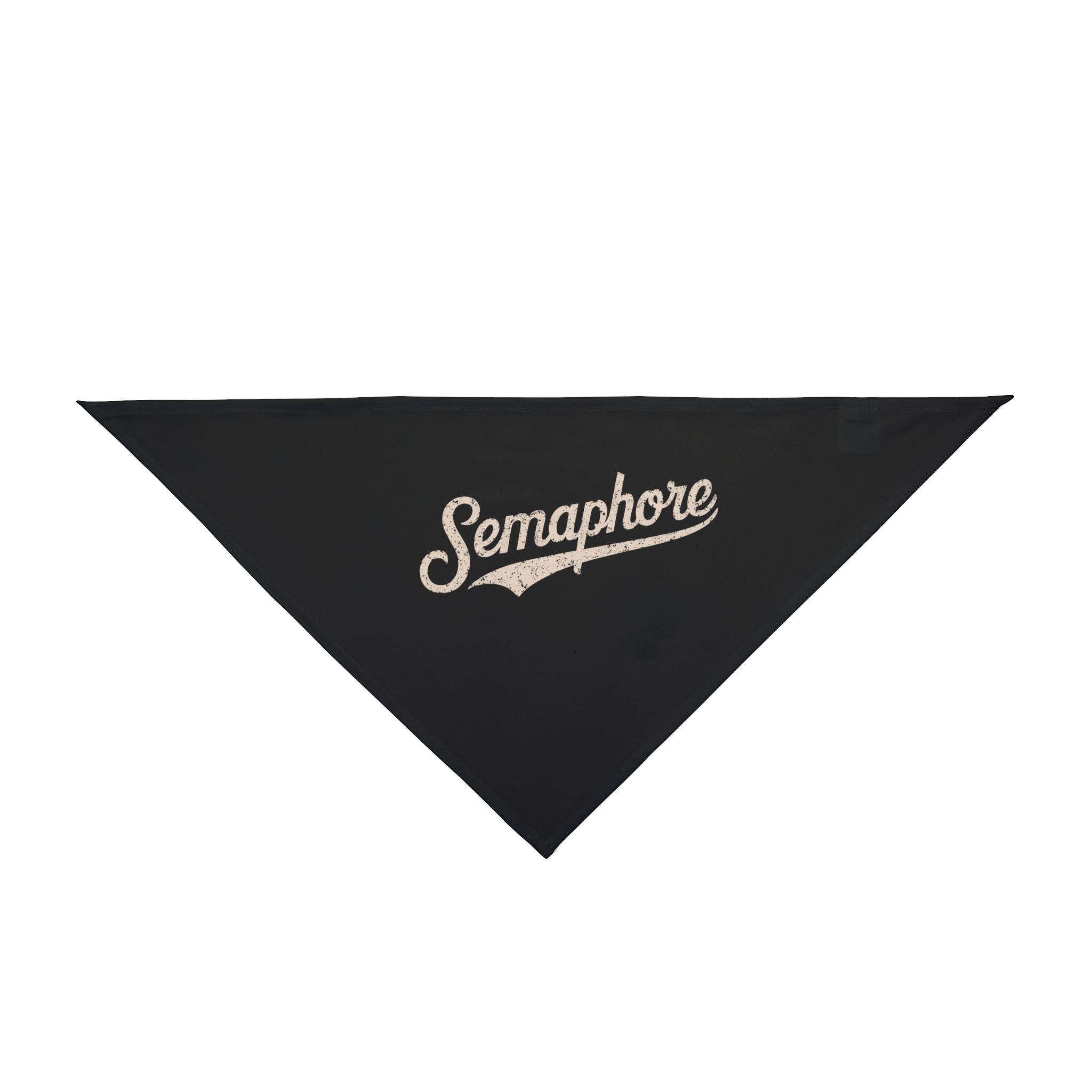 A Semaphore - Pet Bandana crafted from soft-spun polyester, featuring the word "Semaphore" in elegant white cursive text in the center, perfect for your pet's skin.
