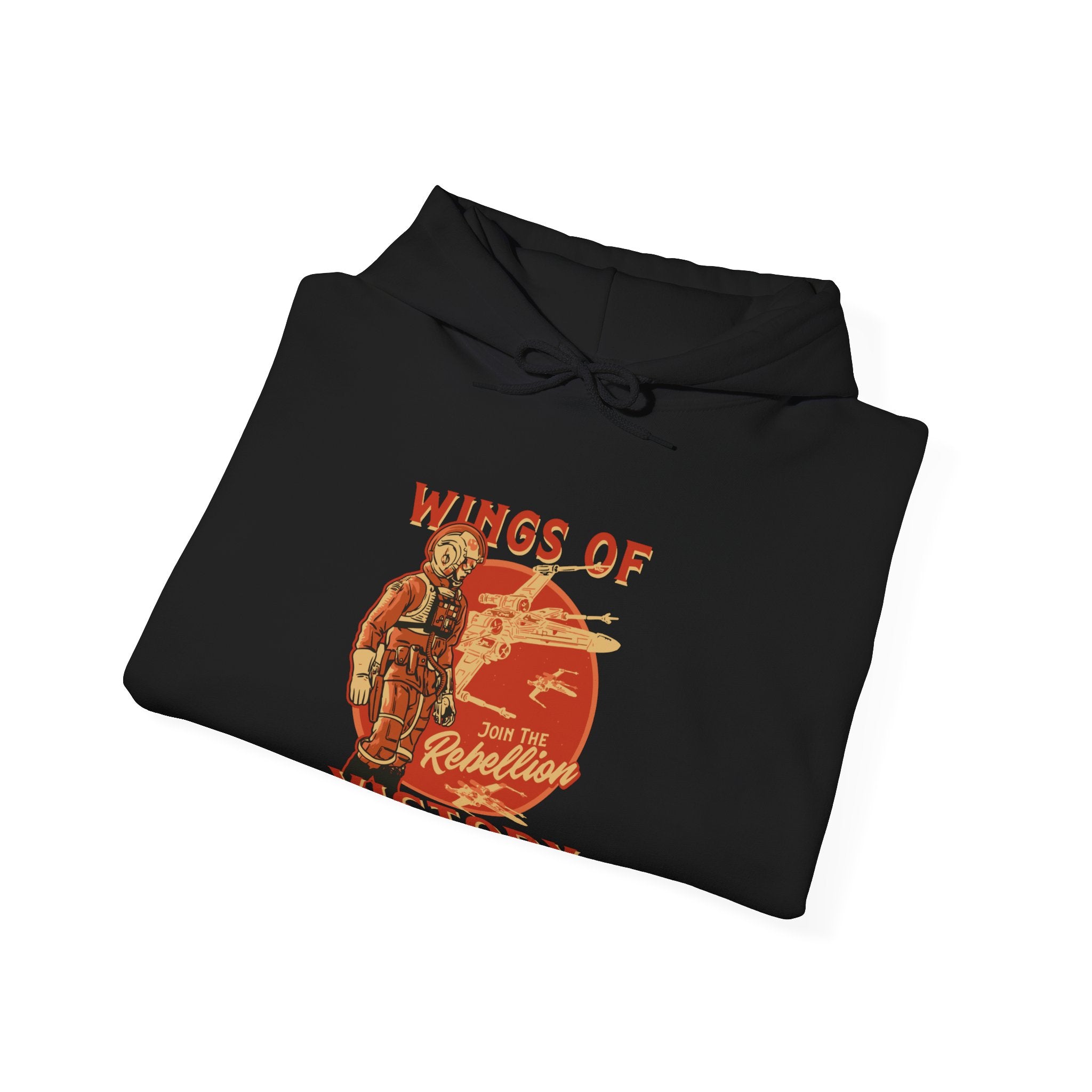 A folded black hooded sweatshirt features a graphic of a robot and spaceships. The text reads "Wings of the Rebellion," making the **Wings of Victory - Hooded Sweatshirt** a standout piece in fashion for those who dare to defy.