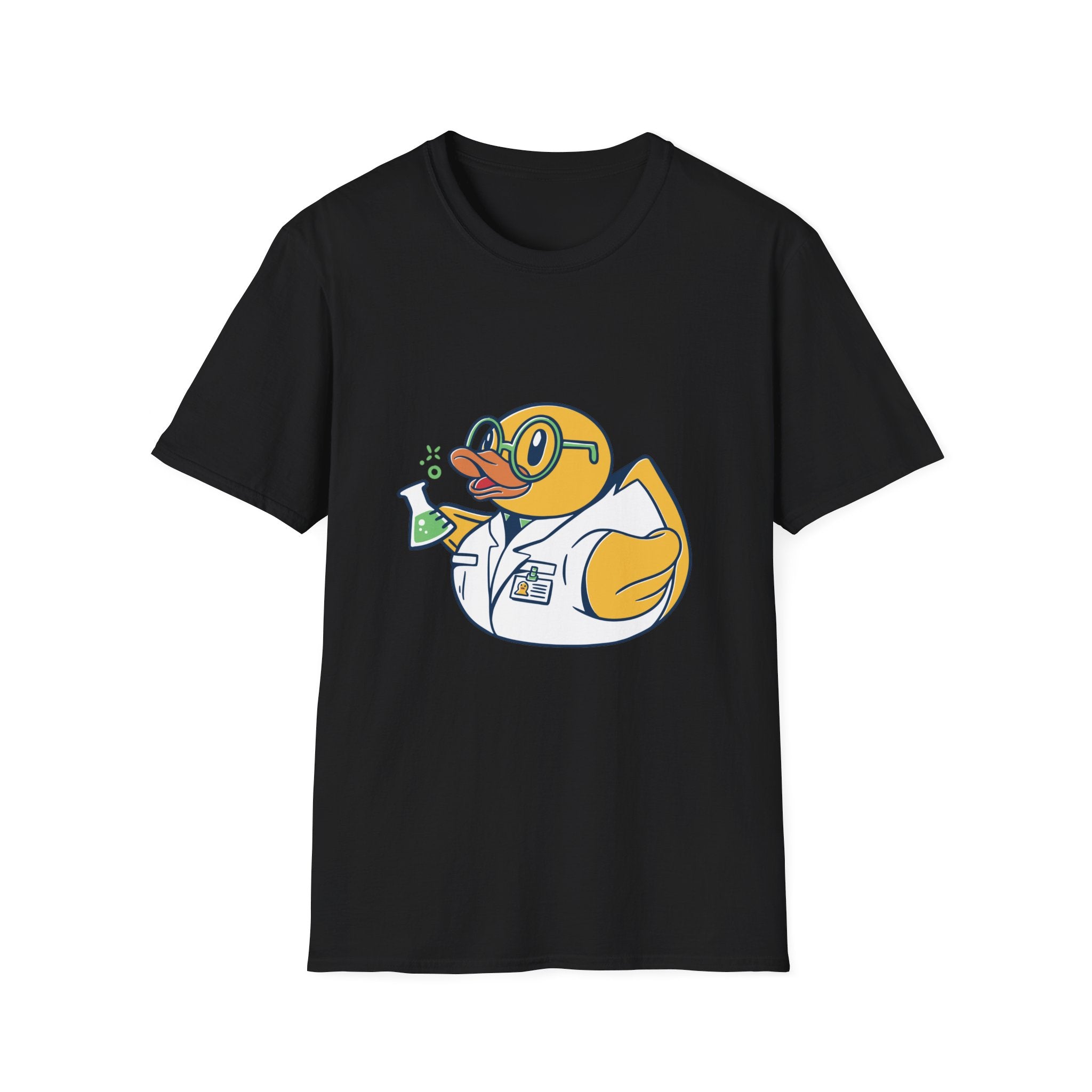 Check out the Science Duck T-Shirt: a sleek black tee featuring a contemporary design of a cartoon duck wearing a lab coat and holding a bubbling flask, all printed on high-quality fabric.