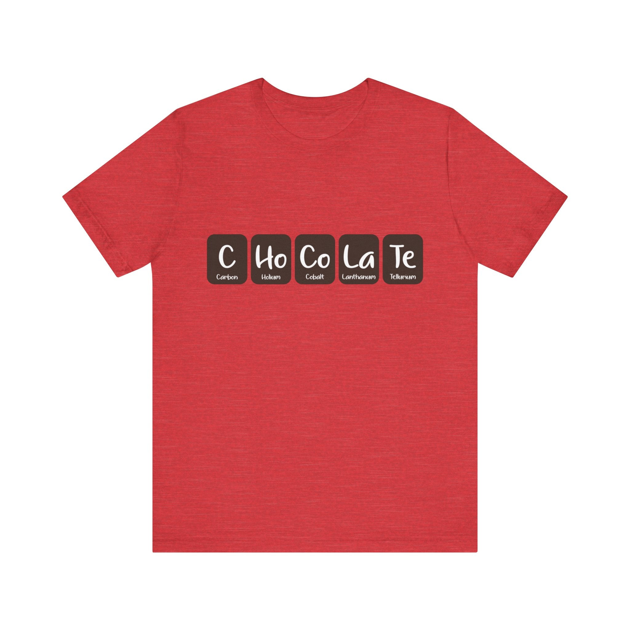 C-Ho-Co-La-Te - T-Shirt with black squares displaying elements from the periodic table, spelling "C Ho Co La Te." Crafted from soft combed and ring-spun cotton, this design t-shirt celebrates your love for chocolate in style.