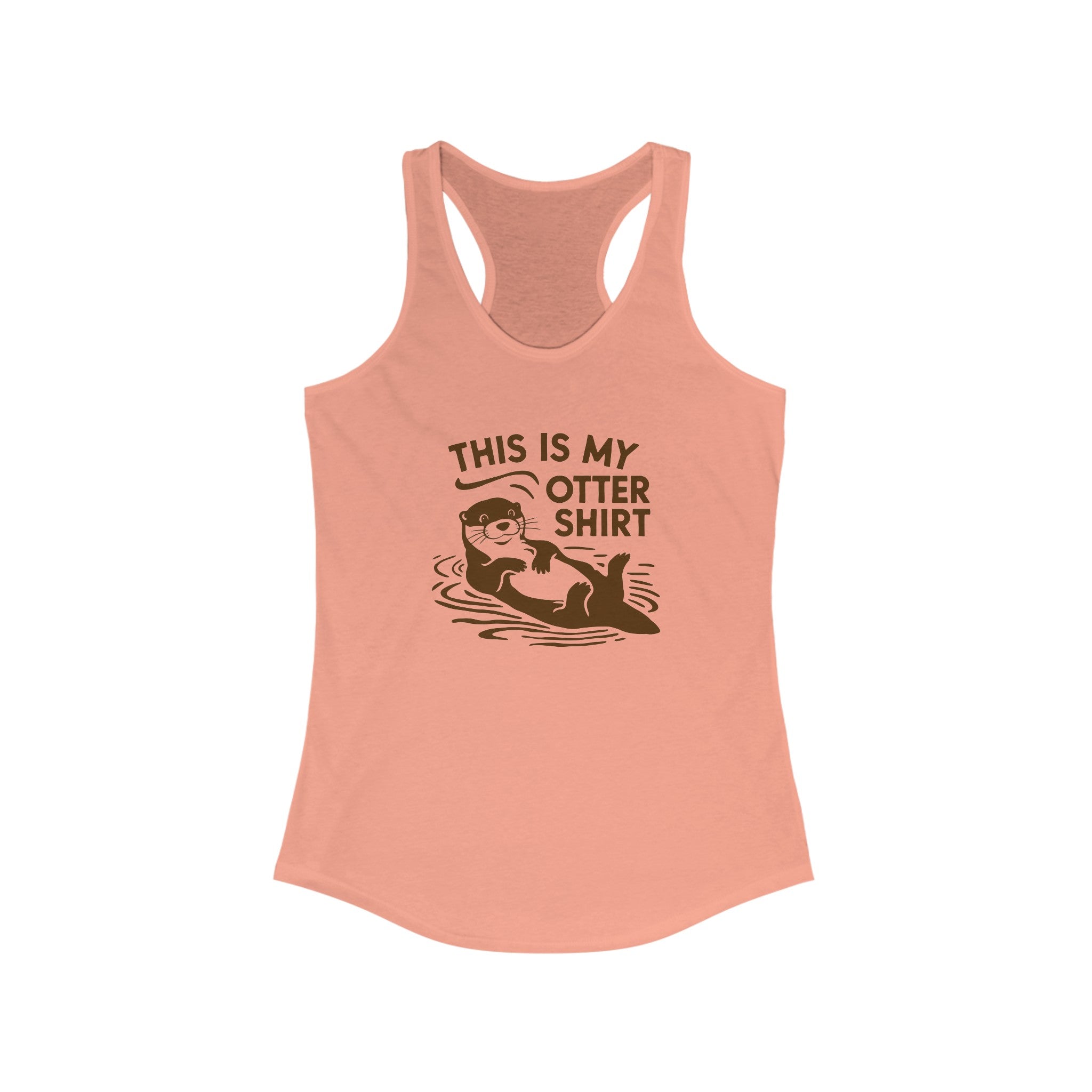 This lightweight "My Otter Shirt - Women's Racerback Tank," perfect for an active lifestyle, sports a peach color and features an illustration of an otter in water along with the playful text "THIS IS MY OTTER SHIRT.