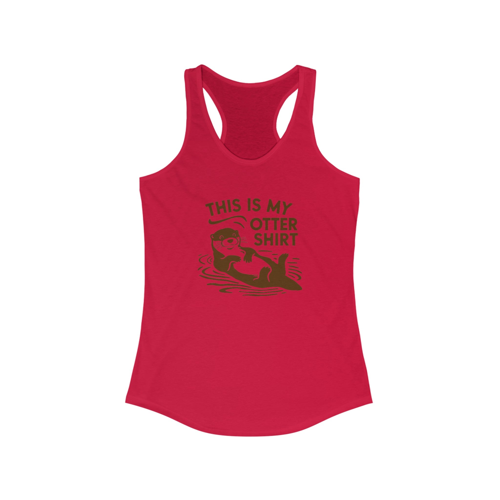 A red lightweight My Otter Shirt - Women's Racerback Tank featuring an illustration of an otter with the text "THIS IS MY OTTER SHIRT," perfect for your active lifestyle.