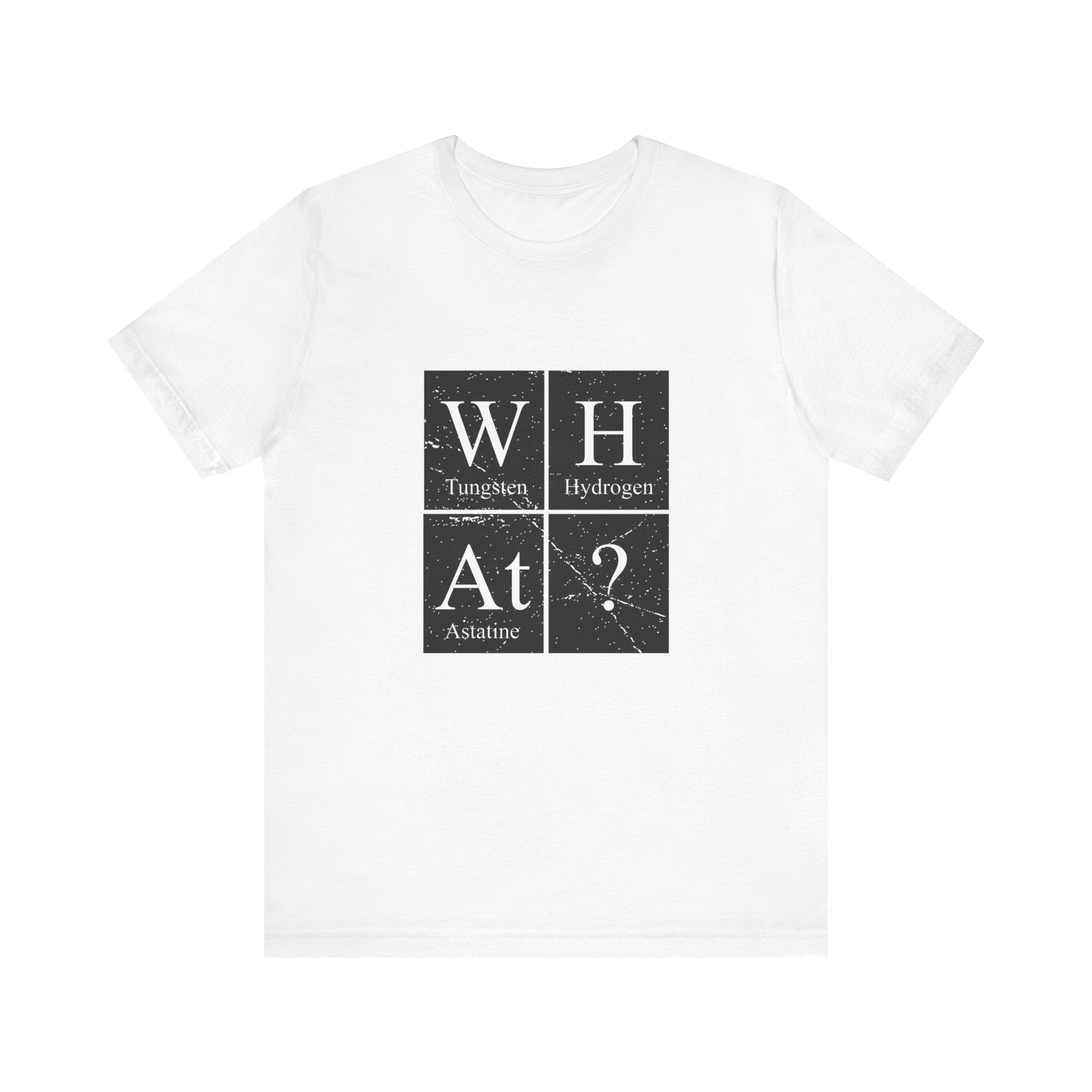 Unisex jersey tee with a black square graphic featuring W-H-At-?, arranged in a grid pattern.