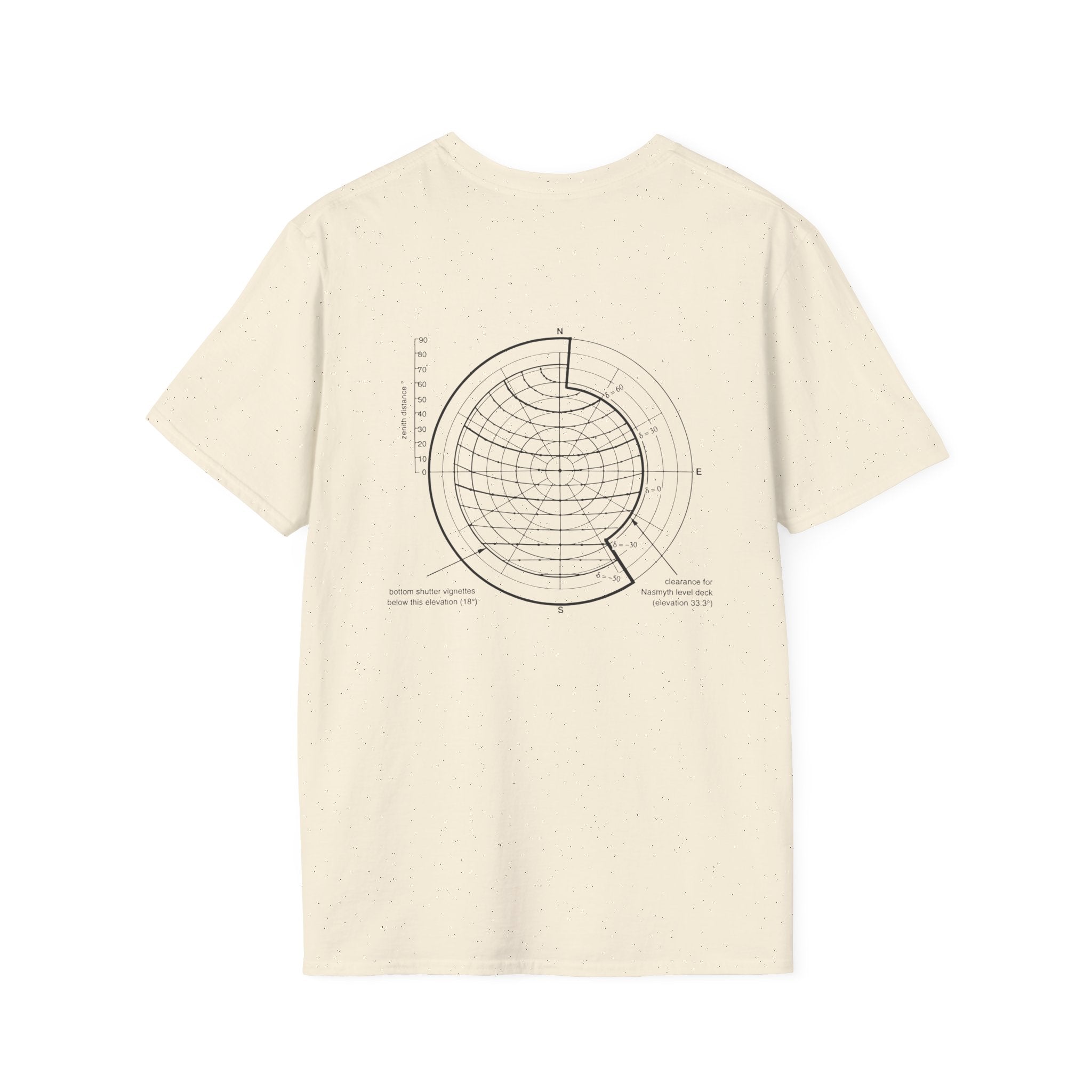 The Spherical Angles T-Shirt, made from soft cotton, comes in various sizes. This beige t-shirt features a black circular scientific diagram on the back, adorned with lines, dots, and text labels for a distinctive appearance.