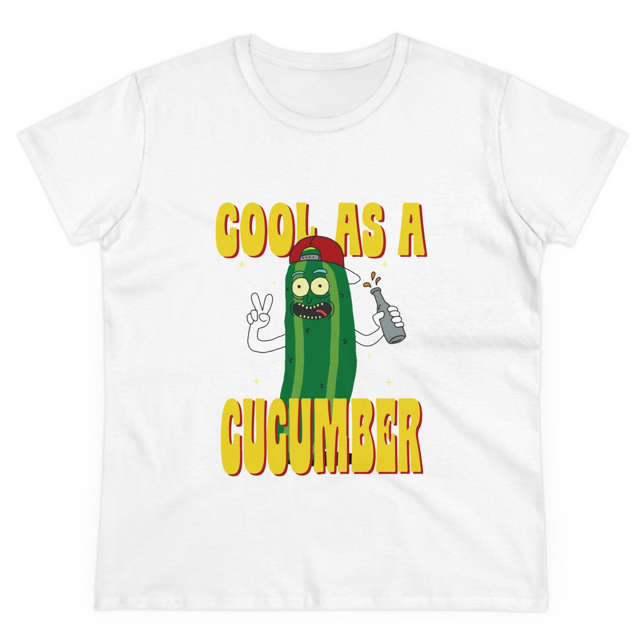 Cool as Cucumber - Women's Tee made of pre-shrunk cotton, featuring a cartoon pickle in a red hat, holding a spray can, giving a peace sign. "Cool as a Cucumber" is displayed in bold yellow letters on this comfy women's tee with a semi-fitted silhouette.