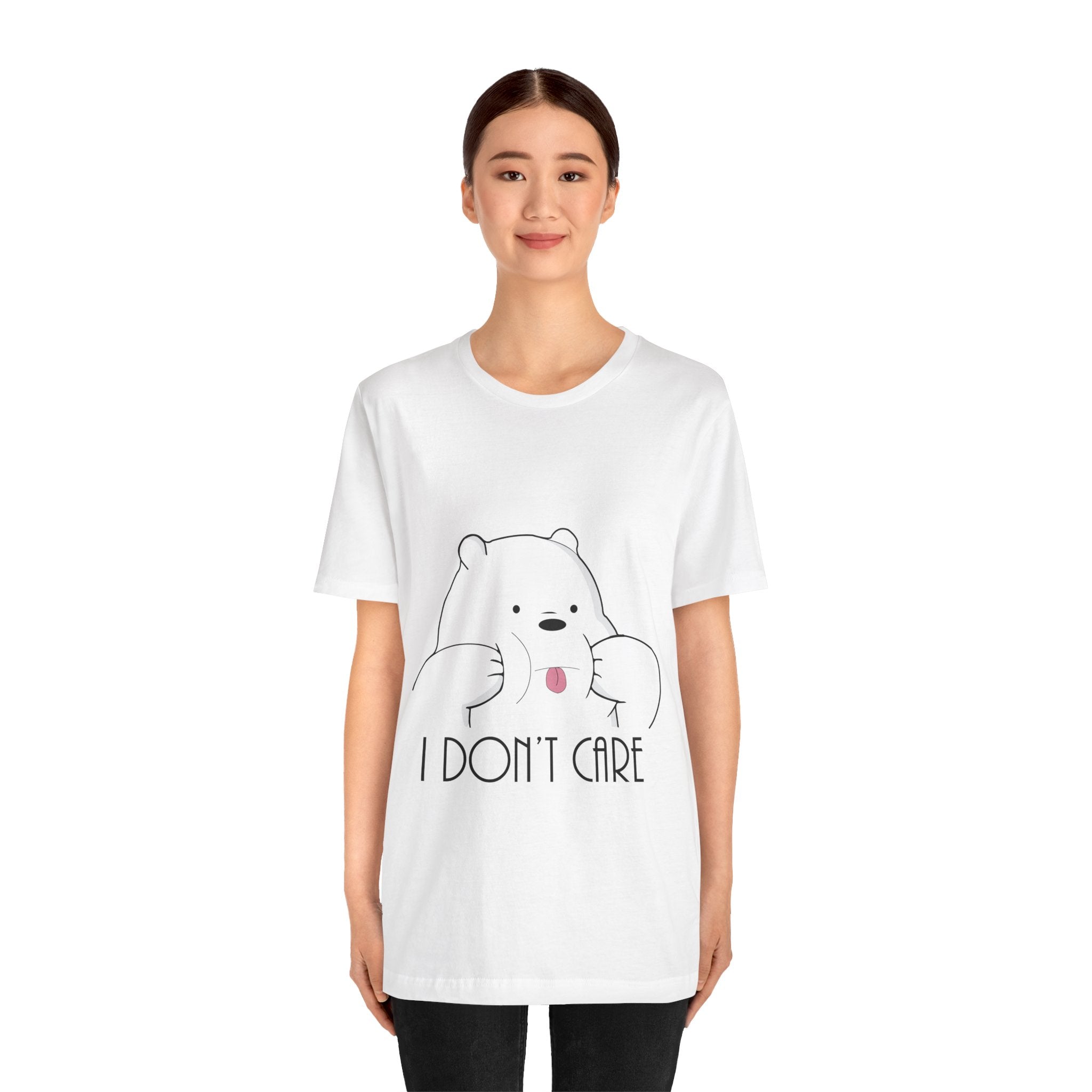 A young woman wearing an I Don't Care Panda T-Shirt.