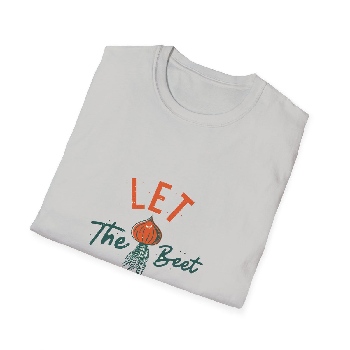 'Let the Beet Drop' beet pun print folded on off-white t-shirt, funny gift for gardeners