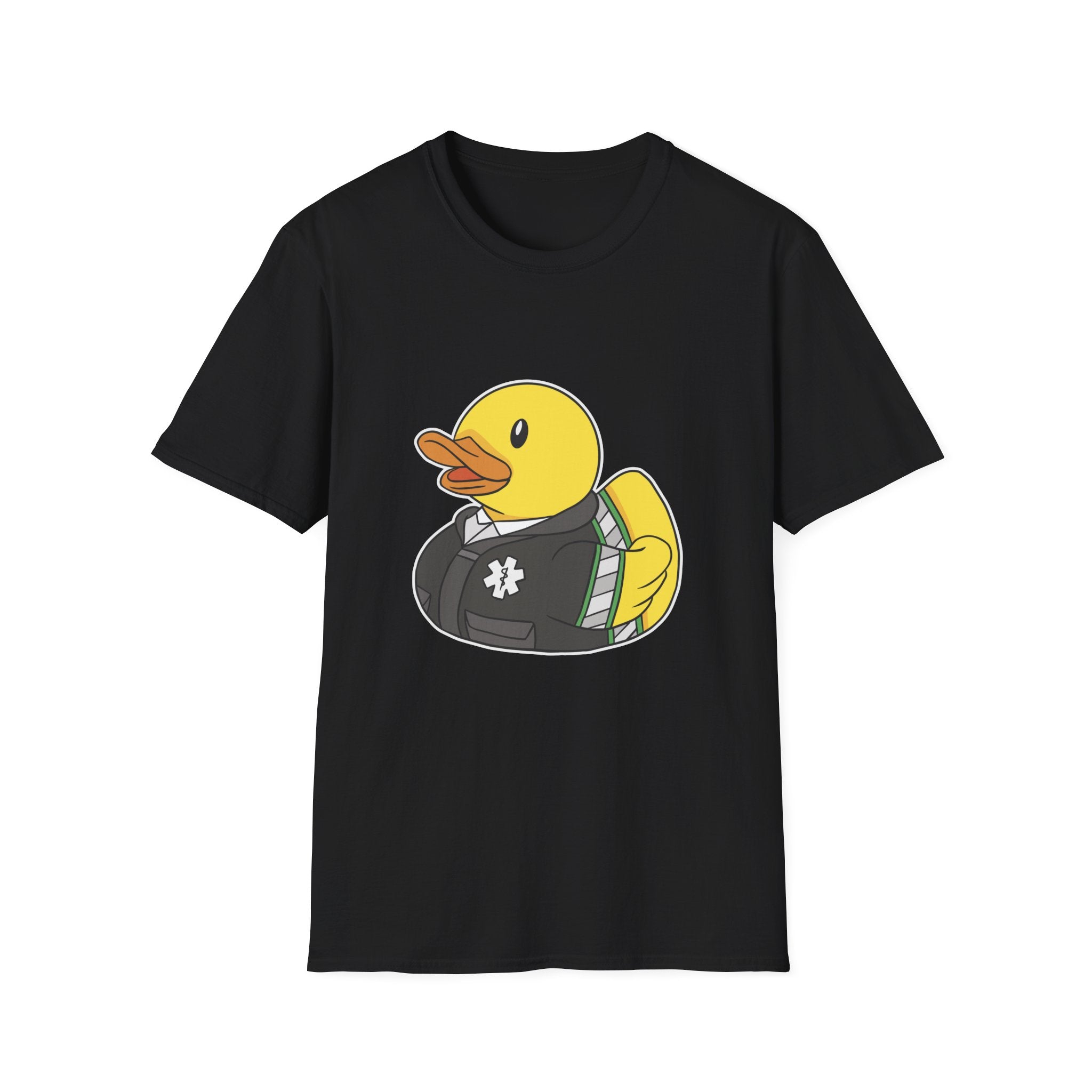 Elevate your style with our Medical Duck T-Shirt. This black tee, made from premium cotton, showcases a cartoon duck confidently donning a suit with a star emblem on its chest, making it an ideal classic statement piece for any wardrobe.