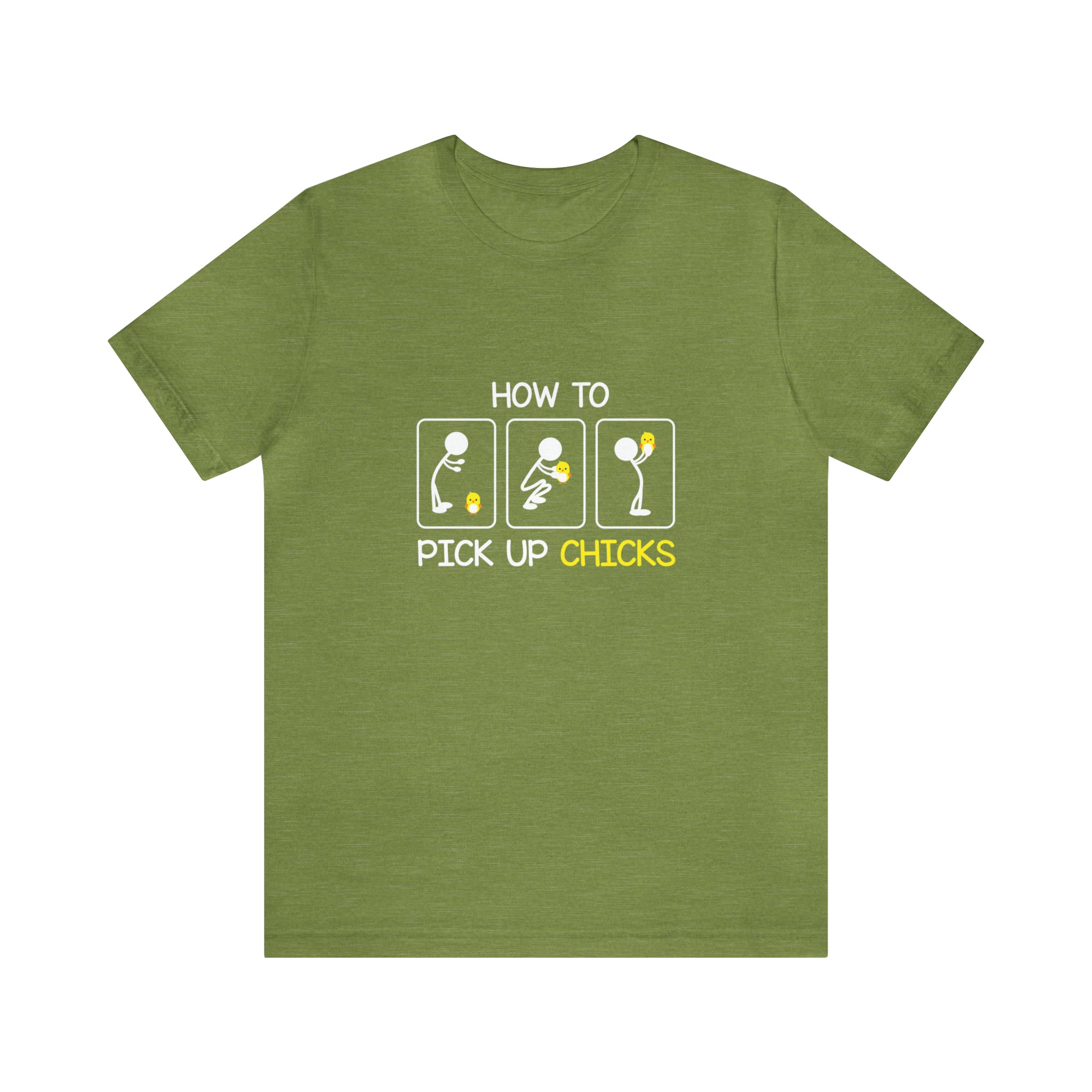 A green Printify How to pickup chicks T-Shirt that says how to duck up.