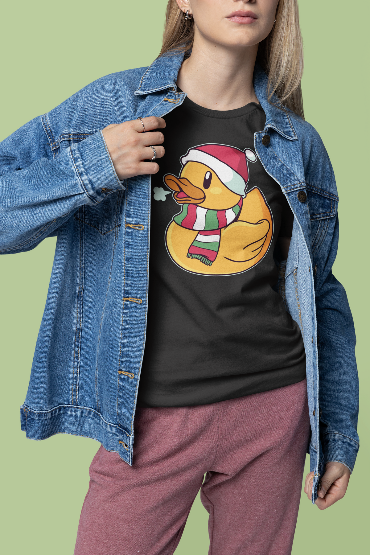 Windy winter duck t-shirt in black, woman wearing it under an open denim jacket, funny christmas duck gift