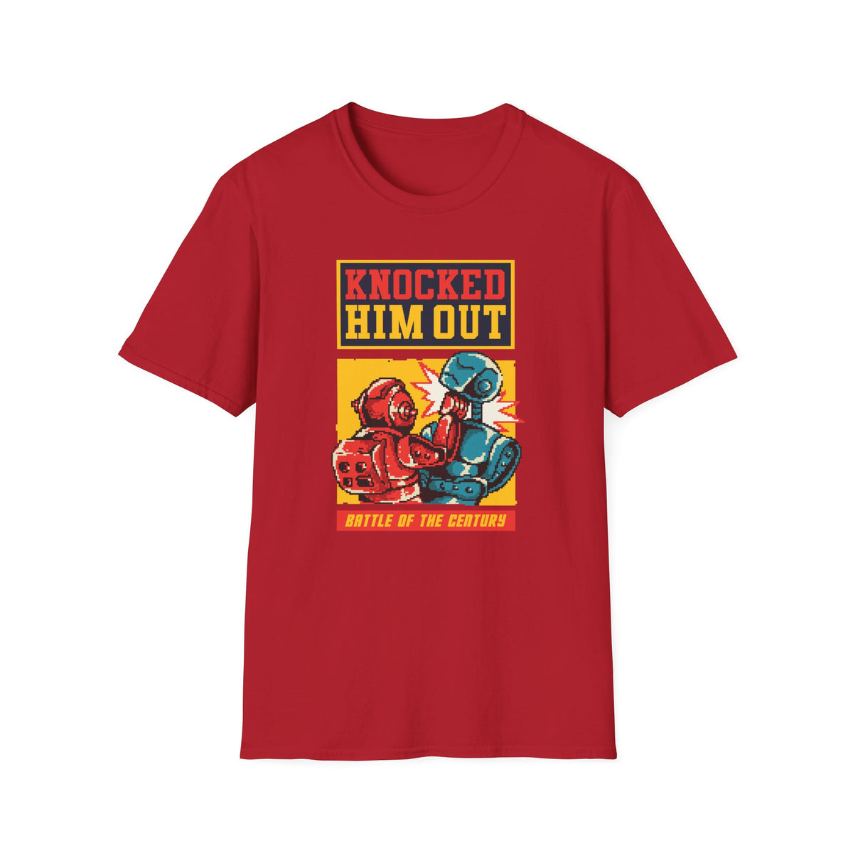 "Knocked Him Out" robot boxing t-shirt in cherry red, flat lay front print, funny gift for gamers