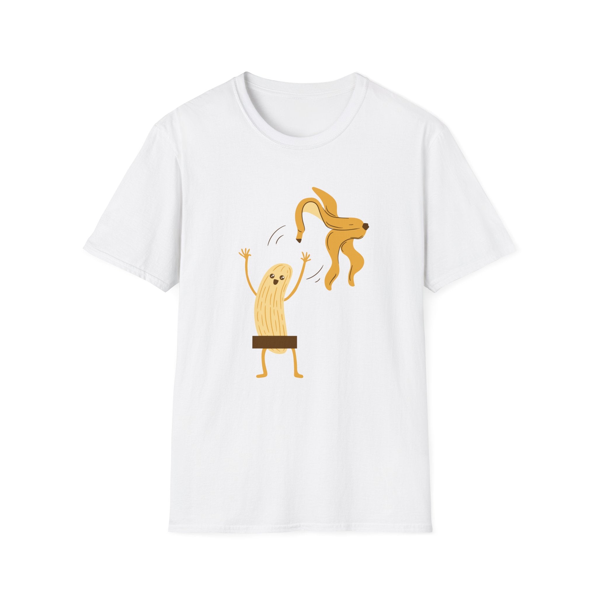 Check out the Naked Banana T-Shirt: a fun white tee with a quirky peanut character juggling a banana peel, capturing the essence of banana humor with its whimsical design.