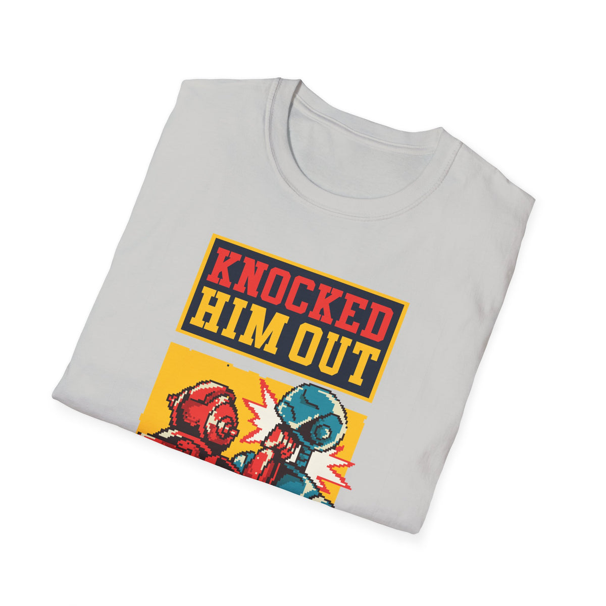 "Knocked Him Out" robot boxing t-shirt in light grey, folded flat lay showing print, funny gamer gift