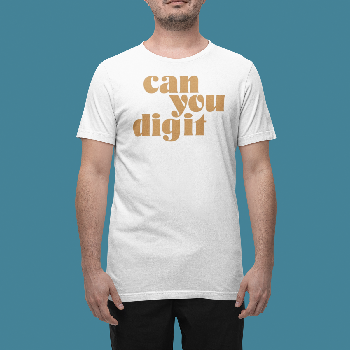 'Can You Digit' t-shirt in white, man wearing it in a studio, T-Shirt mockup, Geekpsters
