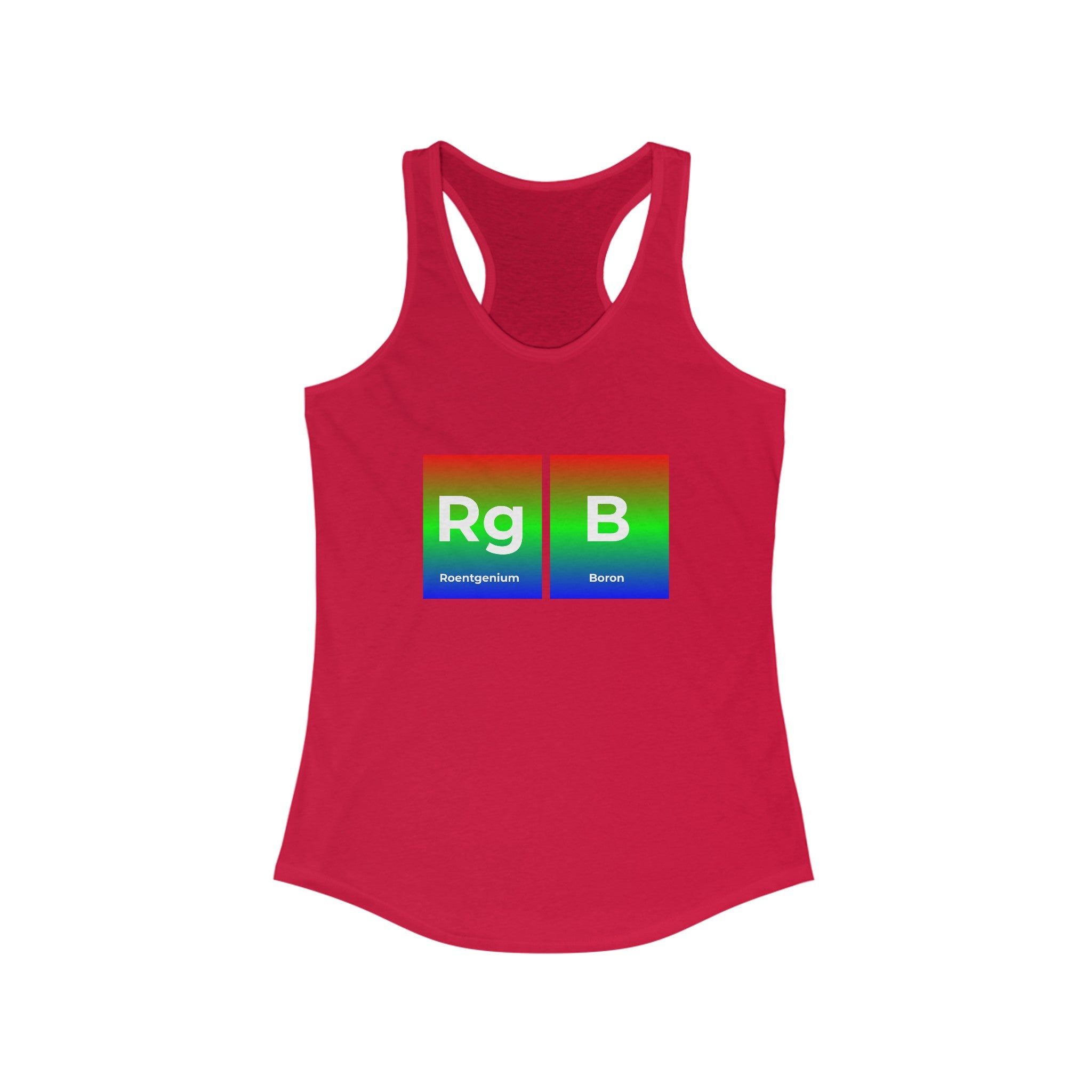 Red RG-B - Women's Racerback Tank featuring a high-quality design with the elements Roentgenium (Rg) and Boron (B) from the periodic table, set against a gradient background. Perfect for an active lifestyle.