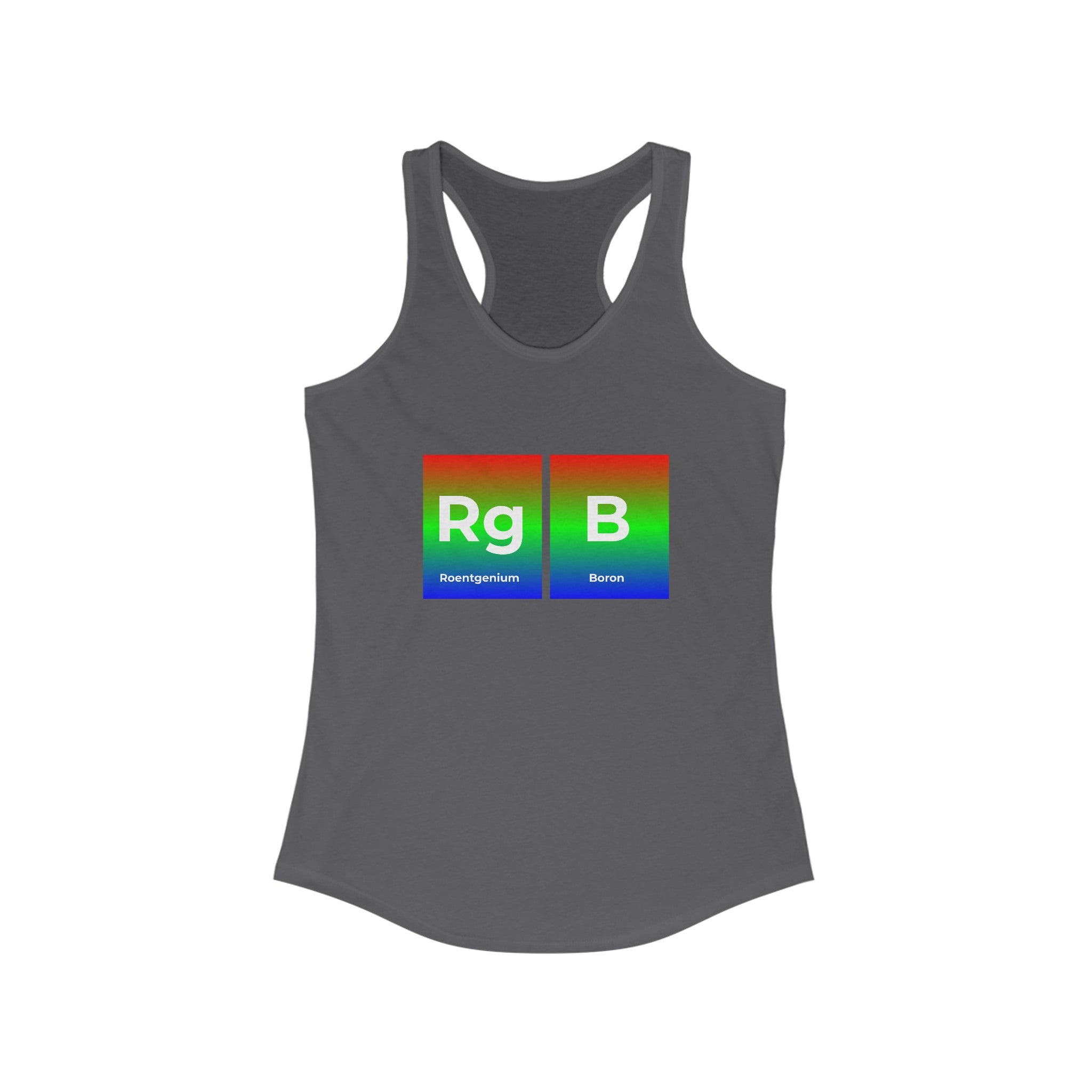 Dark gray RG-B - Women's Racerback Tank with a periodic table inspired graphic showing the symbols "Rg" and "B" on a gradient red-green-blue background, labeled Röntgenium and Boron. Perfect for an active lifestyle, this high-quality top combines style and science seamlessly.