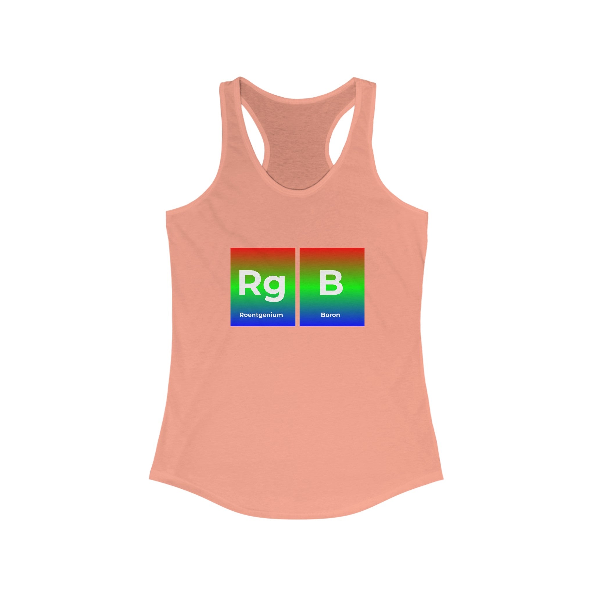 RG-B - Women's Racerback Tank featuring a periodic table-style design with elements "Rg" for Roentgenium and "B" for Boron, on a high-quality background transitioning from red to green to blue. Perfect for an active lifestyle.