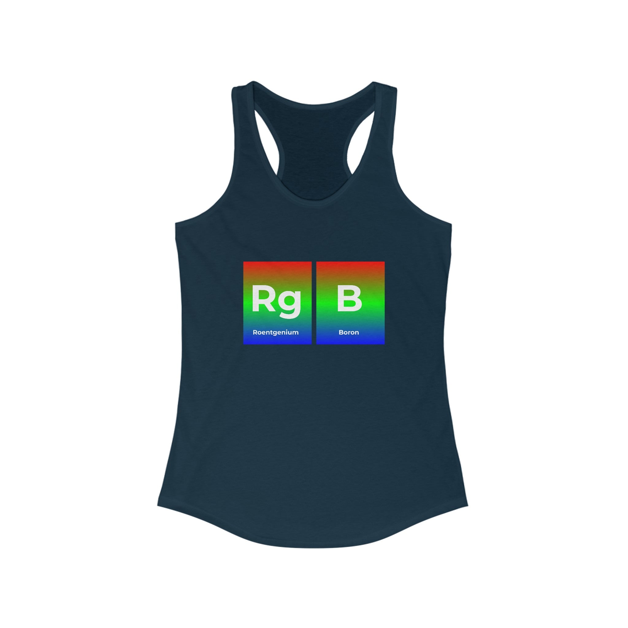 A high-quality navy RG-B - Women's Racerback Tank featuring a colorful, periodic table-style design with the elements Roentgenium (Rg) and Boron (B) labeled in RGB colors, perfect for an active lifestyle.