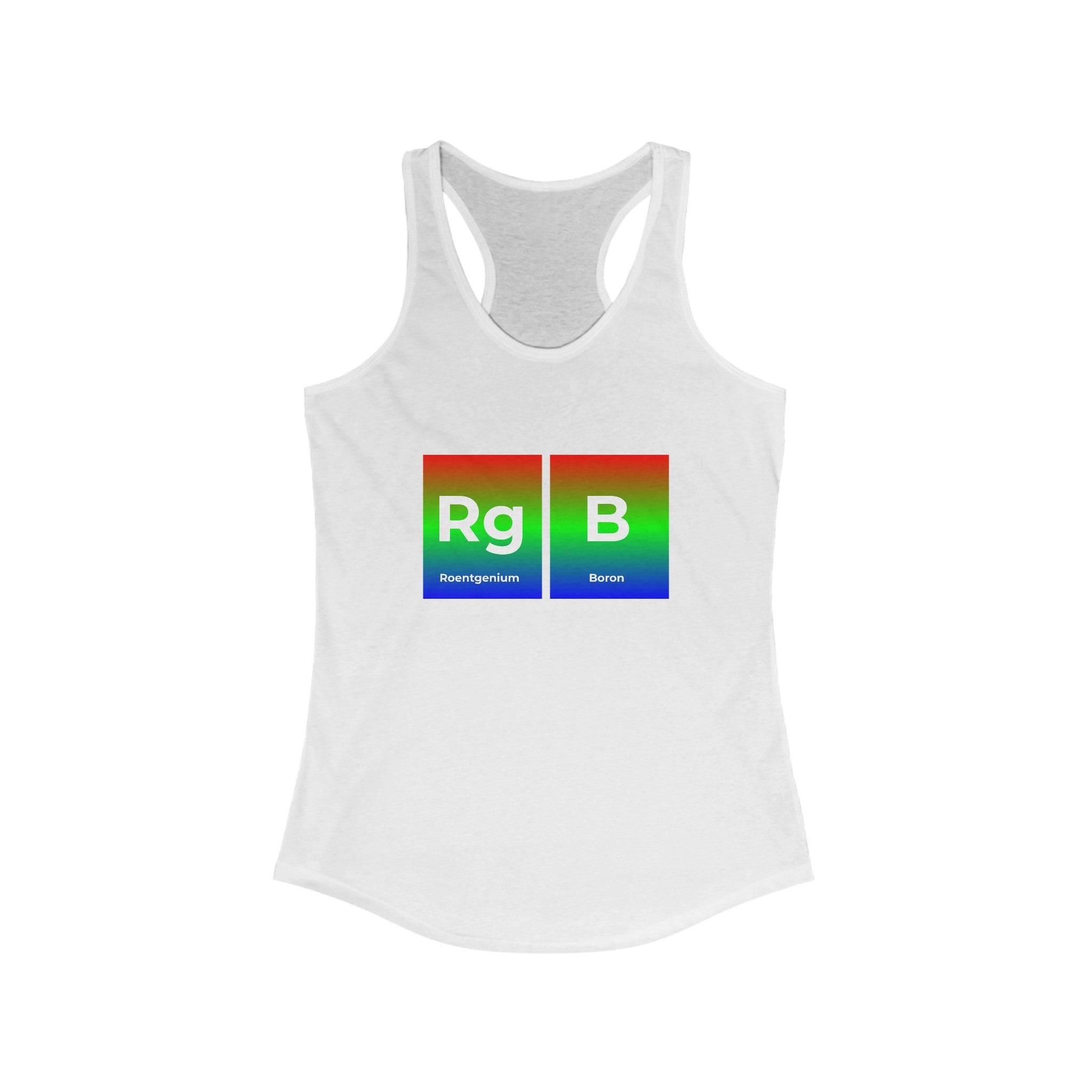 High-quality RG-B - Women's Racerback Tank featuring "Rg" representing roentgenium and "B" representing boron, colored in red, green, and blue to indicate the RGB color model. Ideal for an active lifestyle.