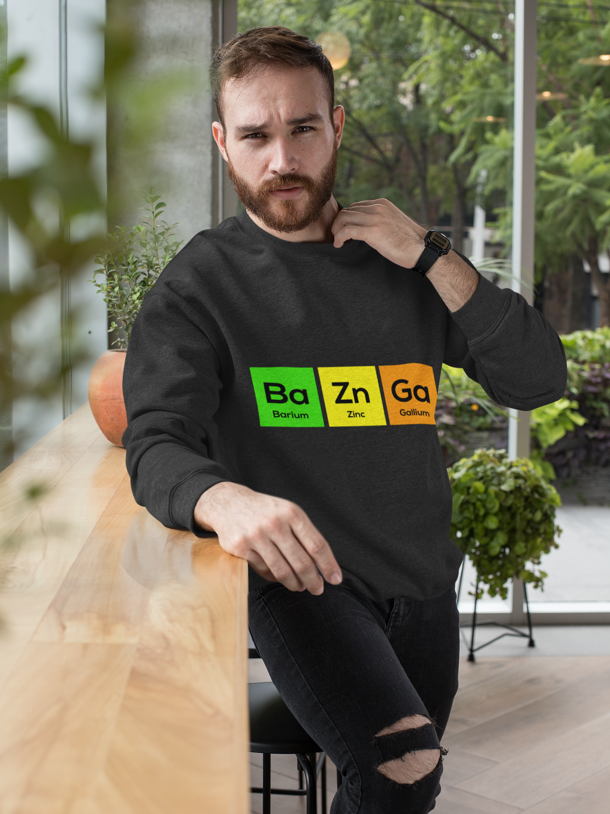 Ba-Zn-Ga Crewneck Sweatshirt | Funny Periodic Table Bazinga Pun Fleece | Science Humor Gift | Geekpsters