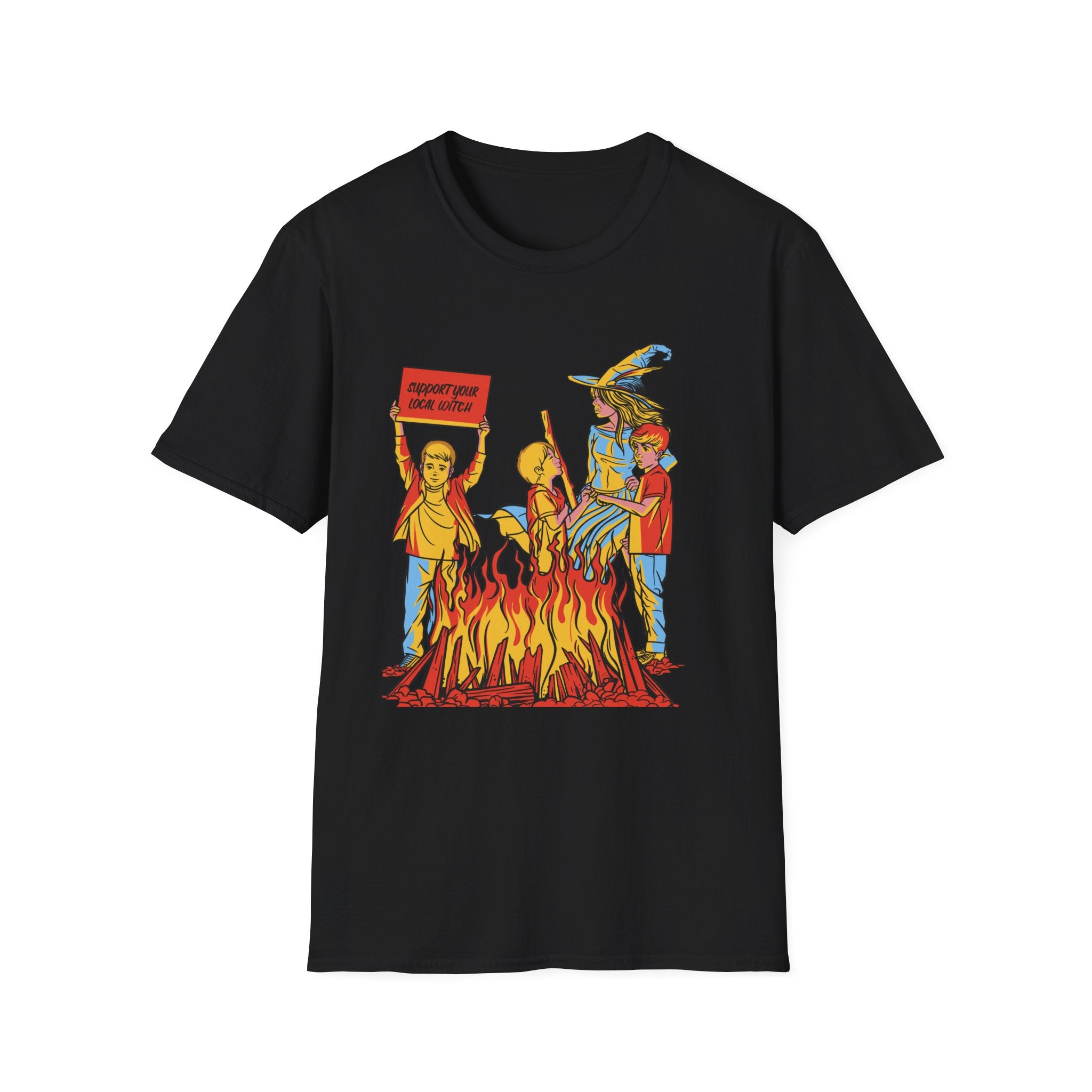 A depiction of three individuals gathered around a fire, with one showcasing a "support your local wizard" sign, complete with a wizard hat and staff nearby. Their distinct style is enhanced by someone wearing the "We Love Witches T-Shirt," adding a mystical flair to this enchanting scene.