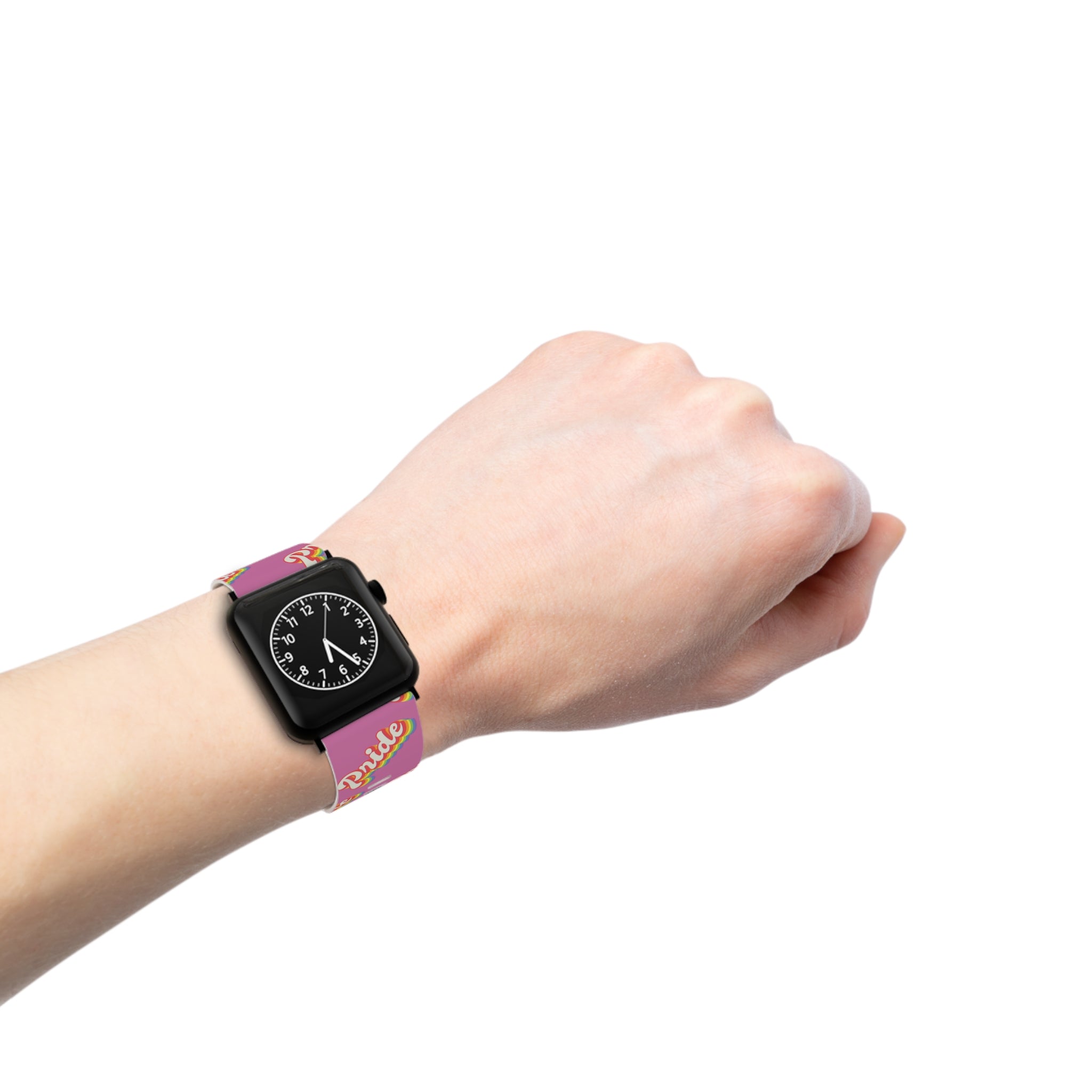A woman wearing a fashionable alternative Pride Band for Apple Watch T-Shirt with a purple color.