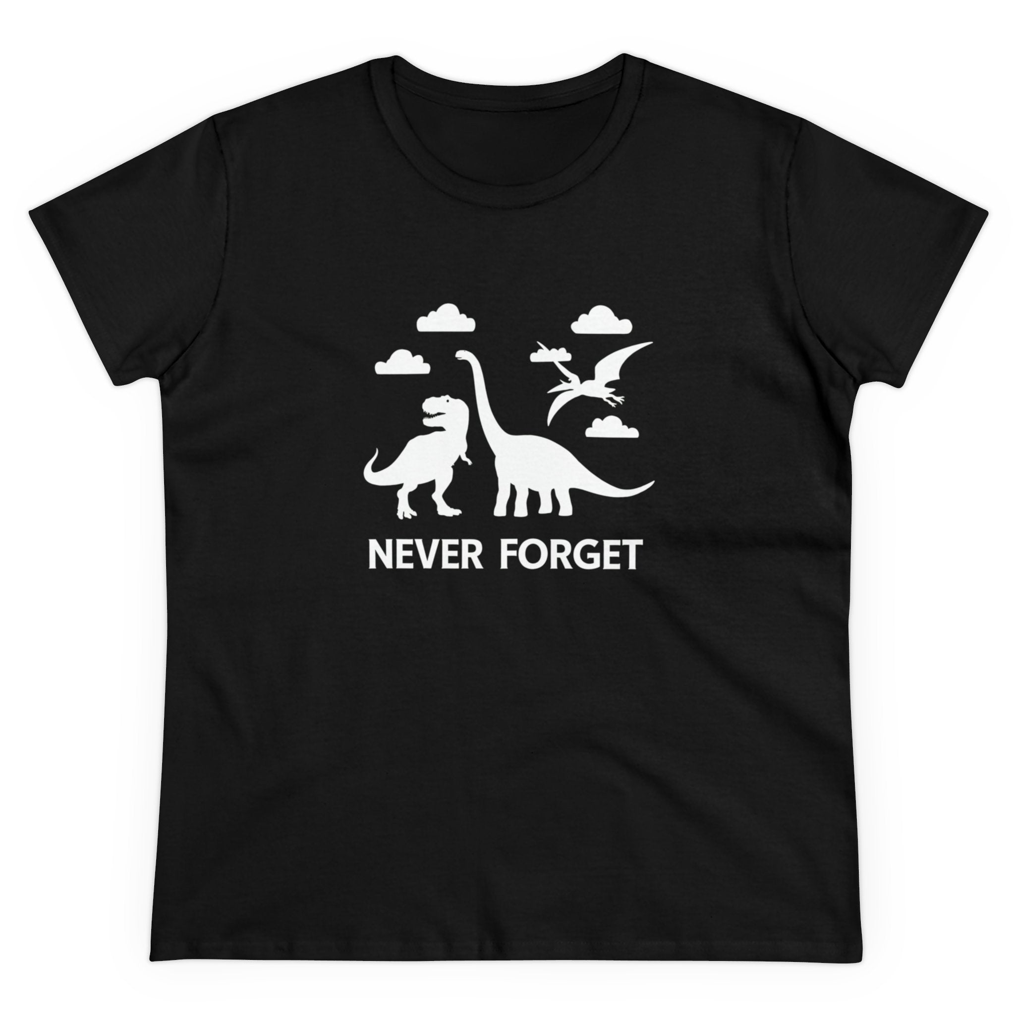 The Never Forget - Women's Tee is a black t-shirt made of soft cotton, featuring white silhouettes of various dinosaurs and the text "NEVER FORGET." This stylish tee also includes cap sleeves for an extra touch of comfort.