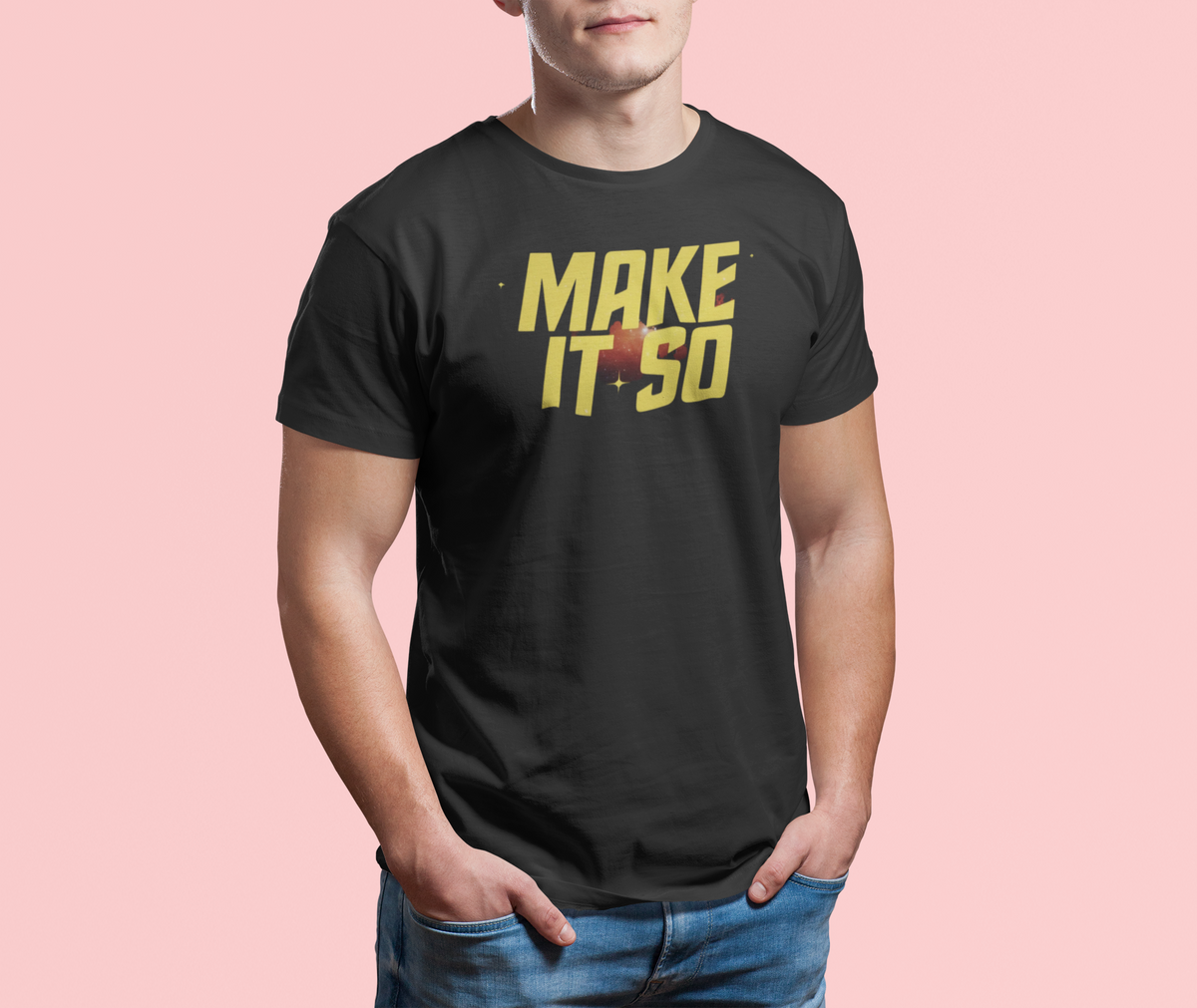 "Make It So" t-shirt in black, man modeling it in a studio, funny gift for Star Trek fans