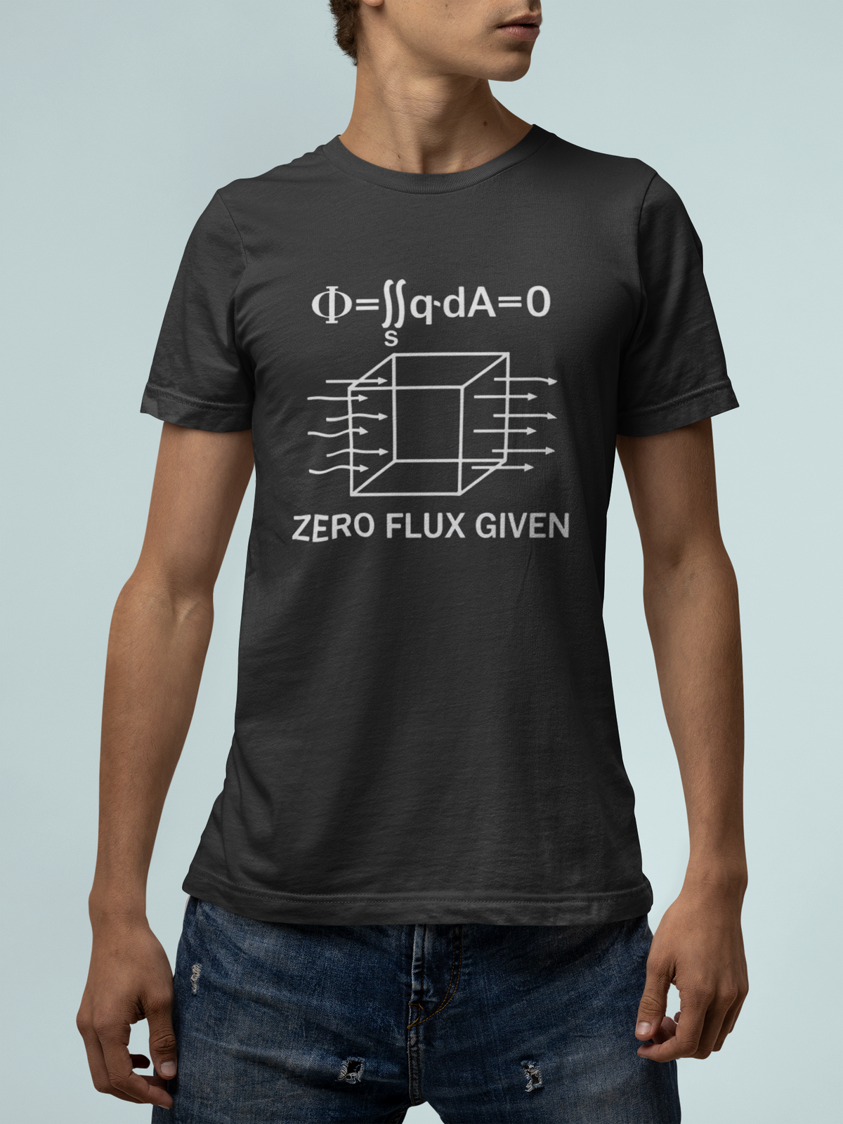 'Zero Flux Given' physics equation T-Shirt in black, man wearing it against light backdrop, science pun tee