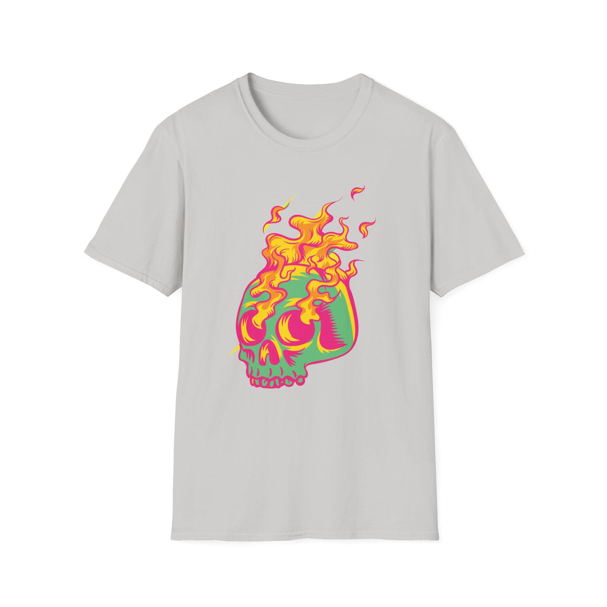 'Skull in Flames' psychedelic skull t-shirt in ice grey, flat lay front print visible, funny gothic pop art shirt